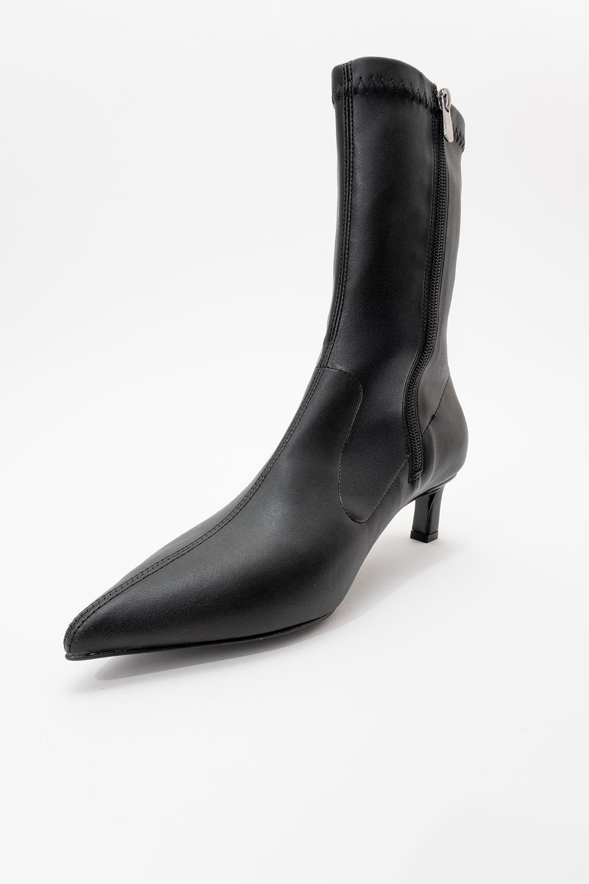 Lewin Black Pointed Toe Stiletto Boot – detail view showing leather, black, red, SimmiUnique