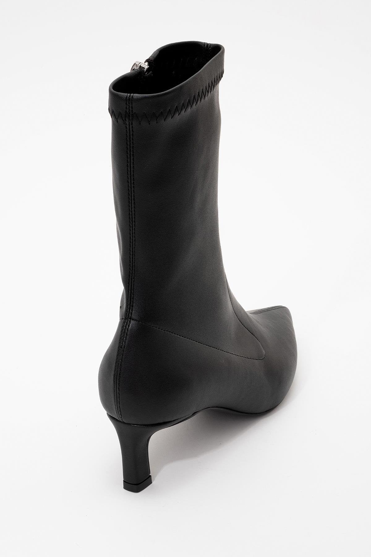 Lewin Black Pointed Toe Stiletto Boot – heel view showing leather, black, red, SimmiUnique