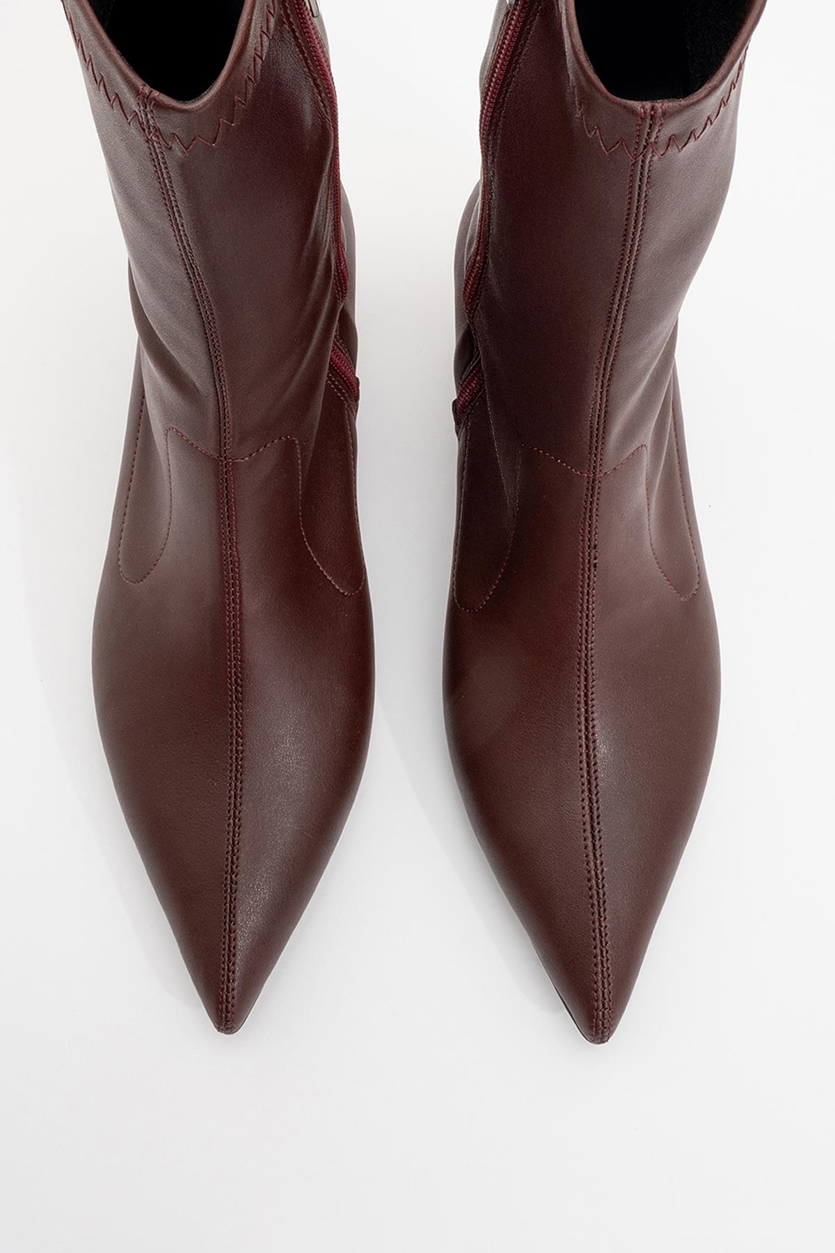 Lewin Burgundy Pointed Toe Stiletto Boot – side view showing leather, red, SimmiUnique