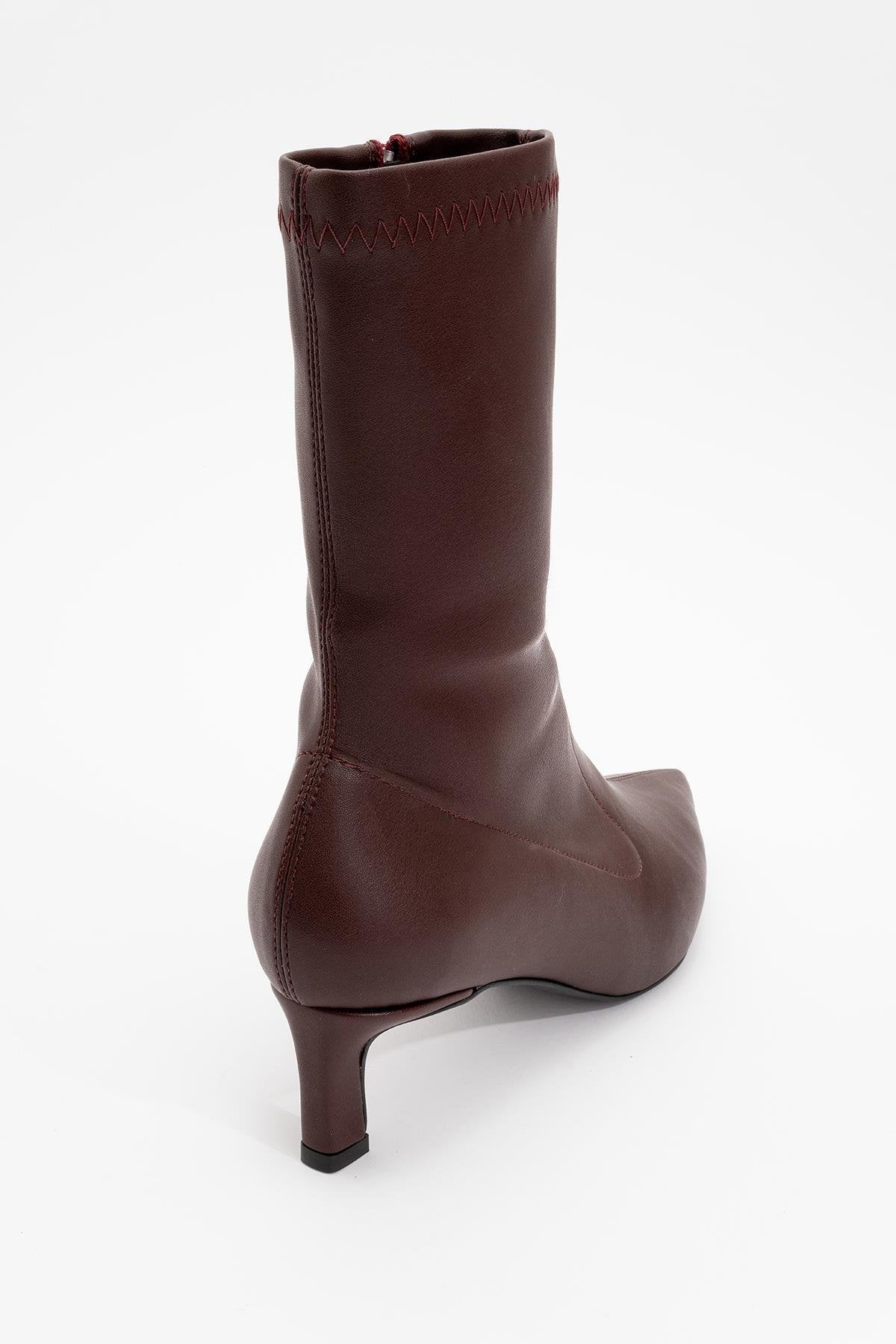 Lewin Burgundy Pointed Toe Stiletto Boot – detail view showing leather, red, SimmiUnique