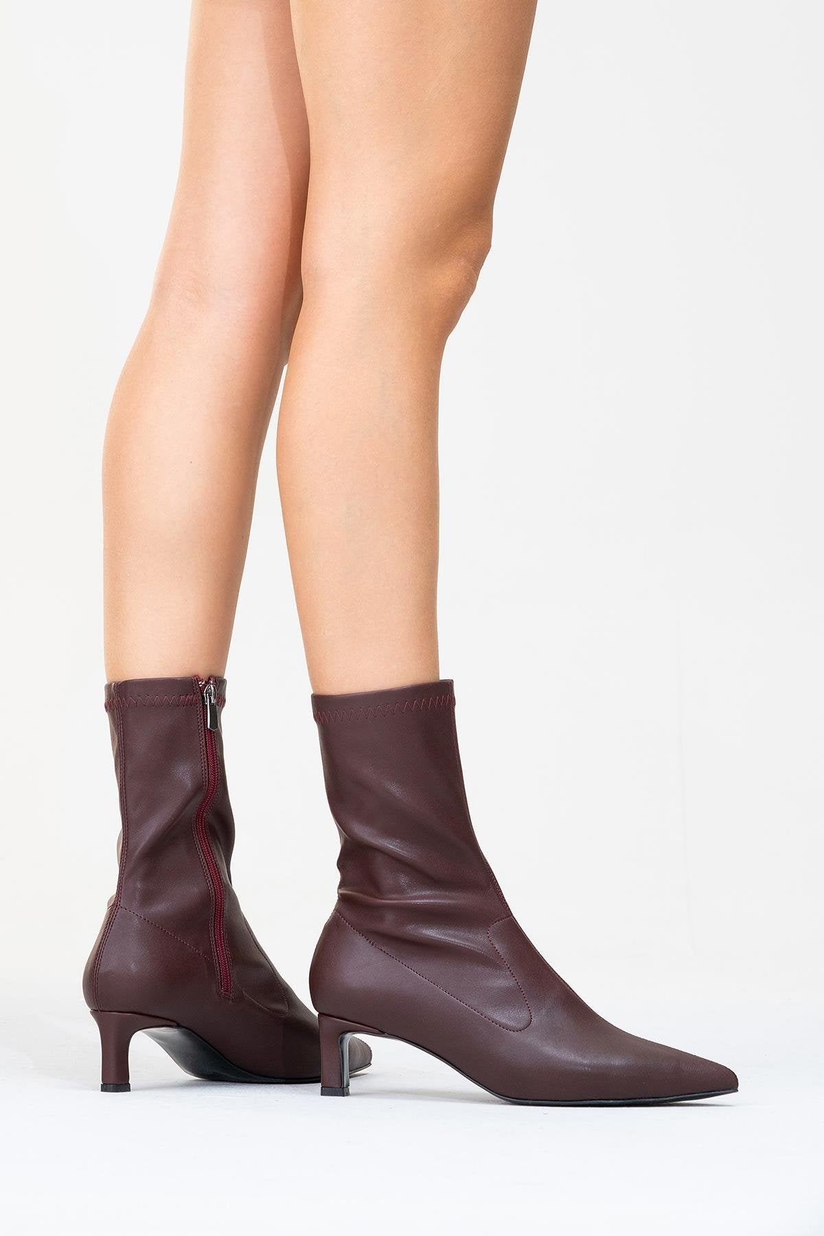 Lewin Burgundy Pointed Toe Stiletto Boot – sole view showing leather, red, SimmiUnique