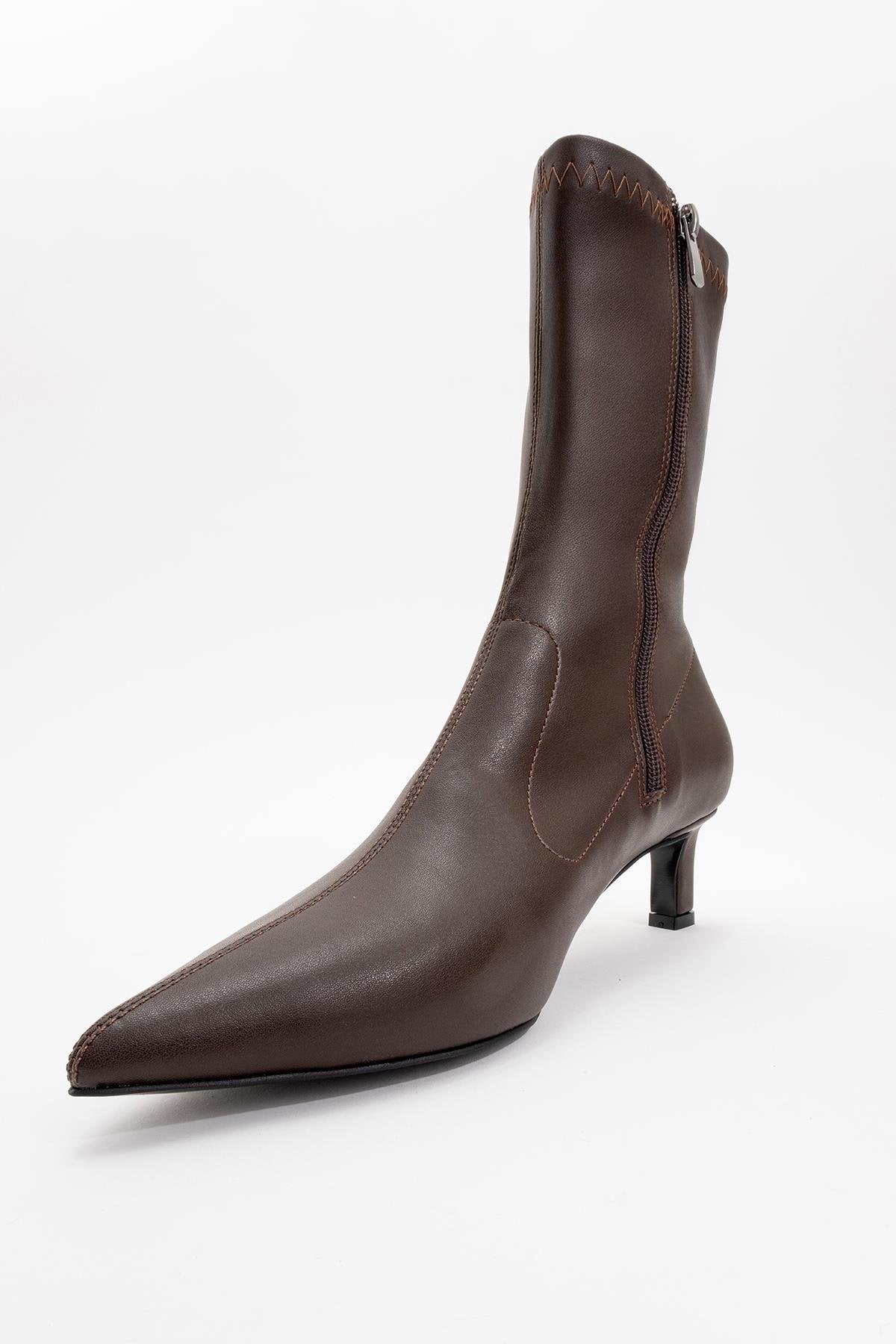 Lewin Brown Pointed Toe Stiletto Boot – detail view showing leather, red, SimmiUnique