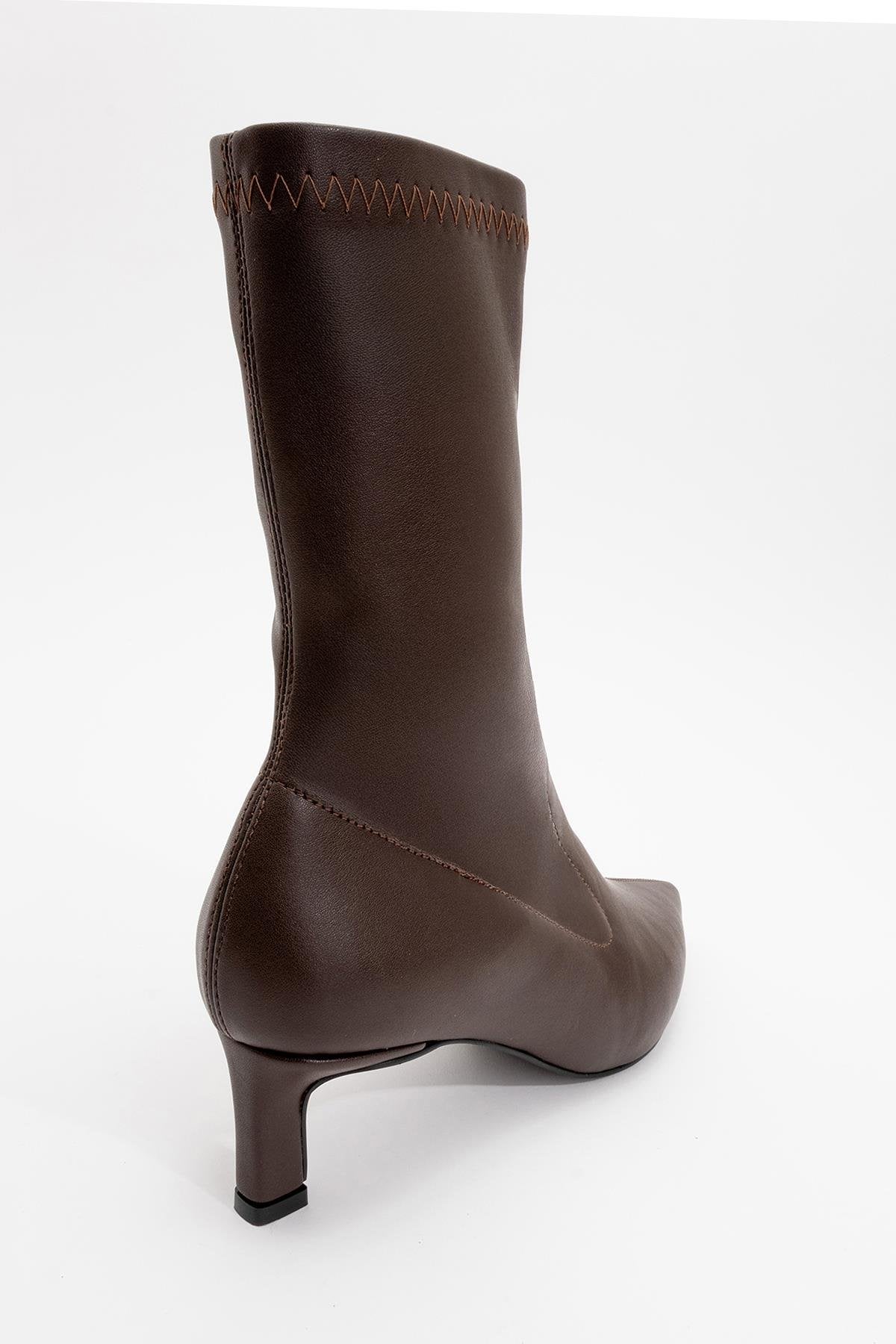 Lewin Brown Pointed Toe Stiletto Boot – heel view showing leather, red, SimmiUnique