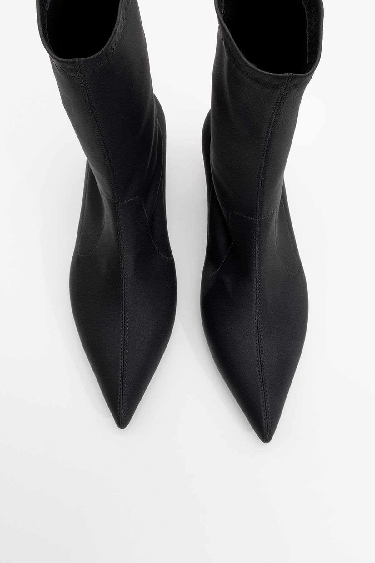 Lewin Black Stretch Pointed Toe Stiletto Boot – side view showing leather, black, red, SimmiUnique