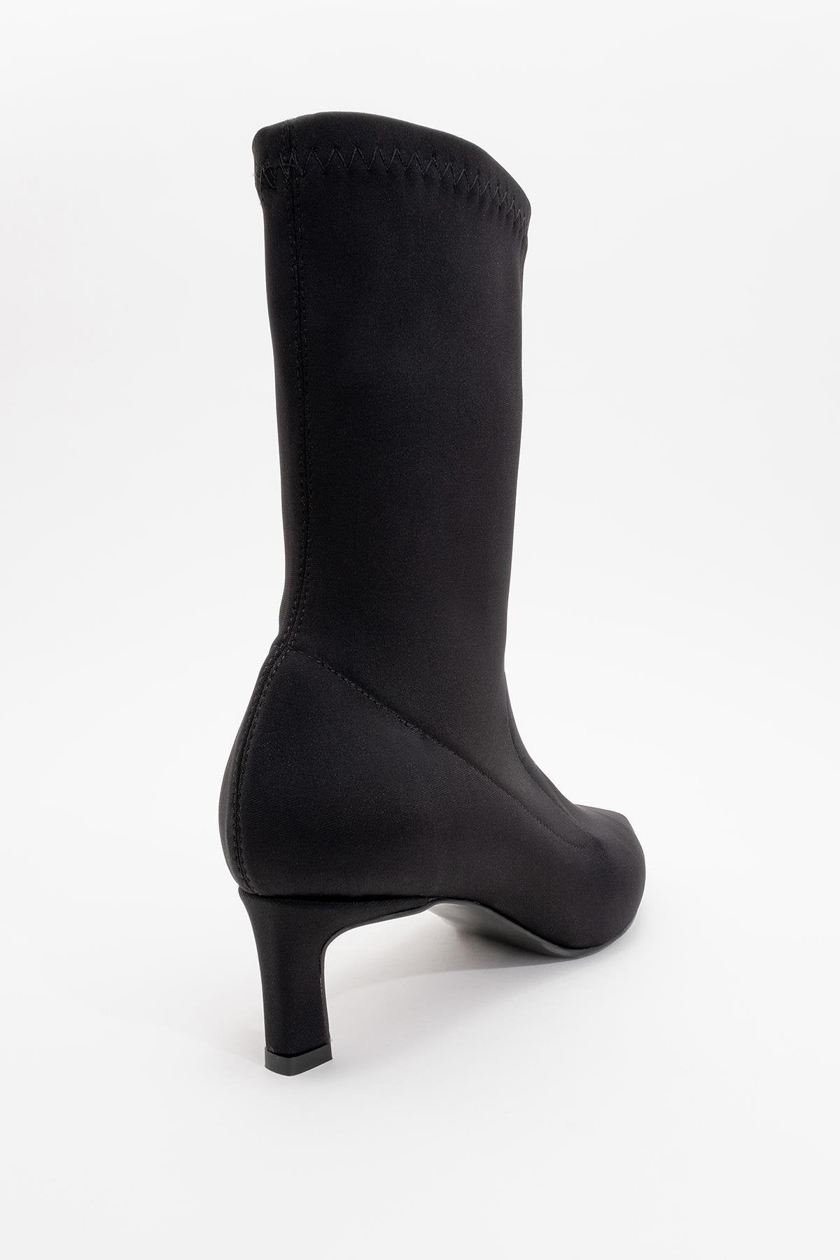 Lewin Black Stretch Pointed Toe Stiletto Boot – detail view showing leather, black, red, SimmiUnique