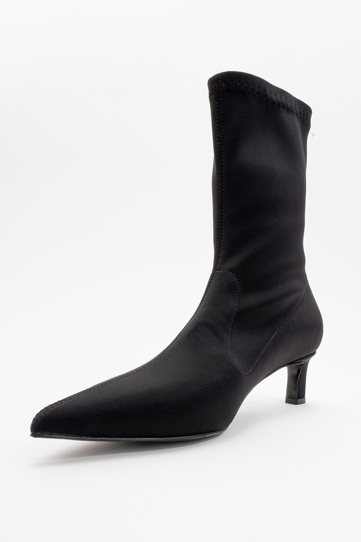 Lewin Black Stretch Pointed Toe Stiletto Boot – heel view showing leather, black, red, SimmiUnique