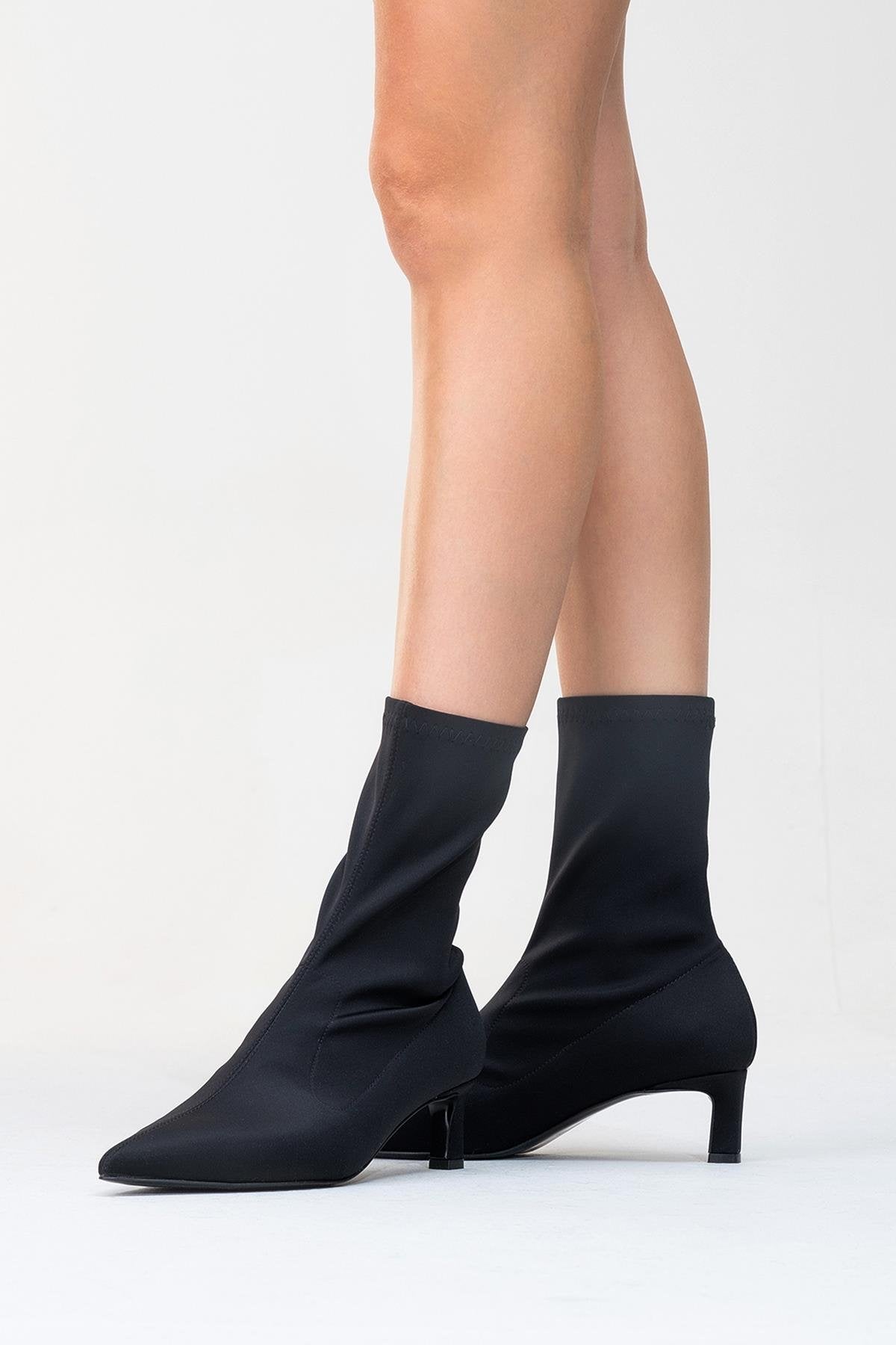 Lewin Black Stretch Pointed Toe Stiletto Boot – sole view showing leather, black, red, SimmiUnique