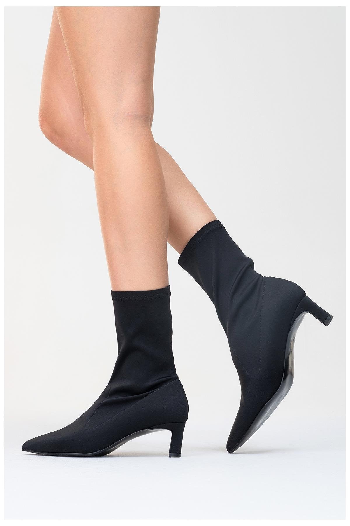 Lewin Black Stretch Pointed Toe Stiletto Boot – pair view showing leather, black, red, SimmiUnique