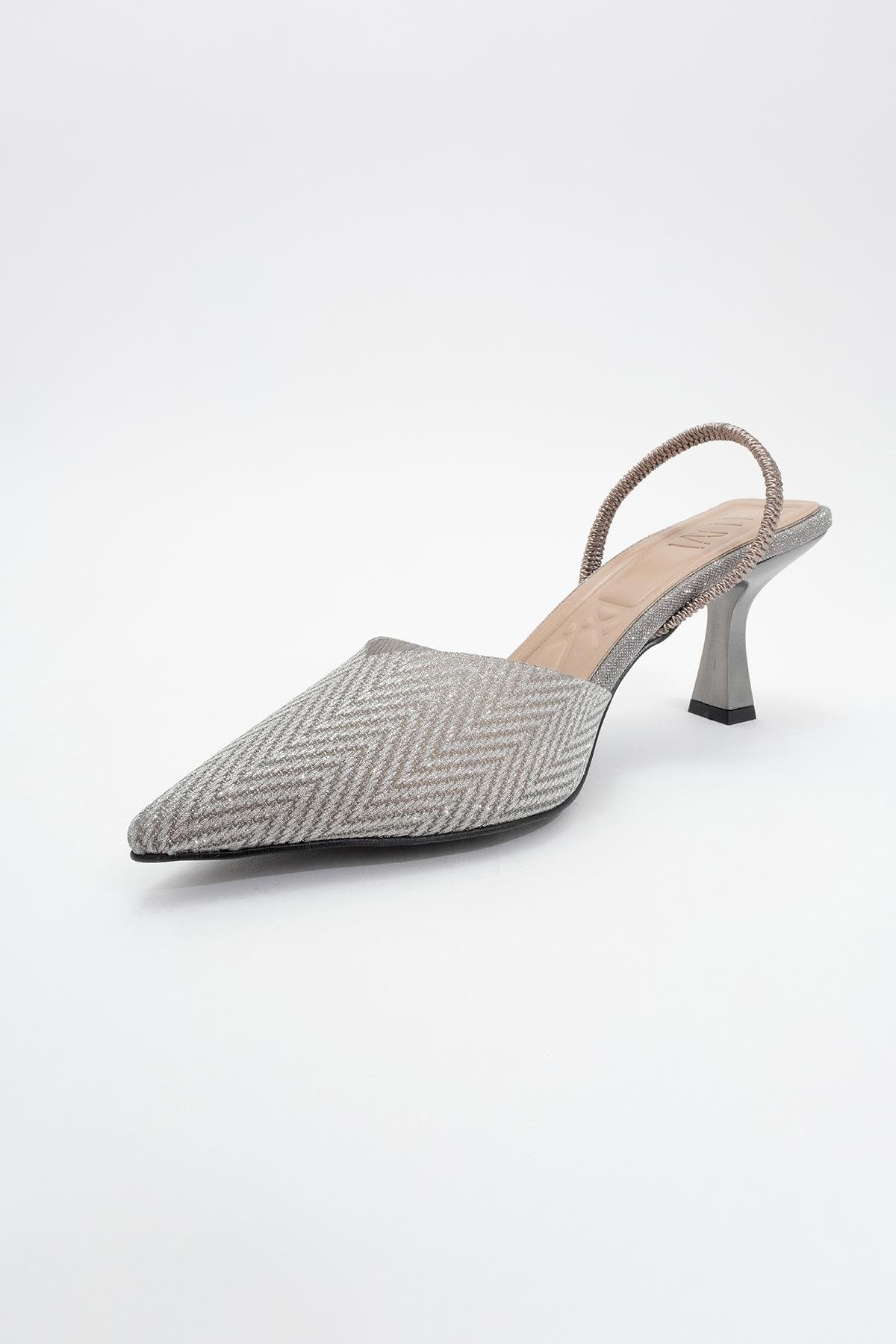 Renos - Platinum Pointed Toe Heeled Dress Shoe – heel view showing leather, SimmiUnique