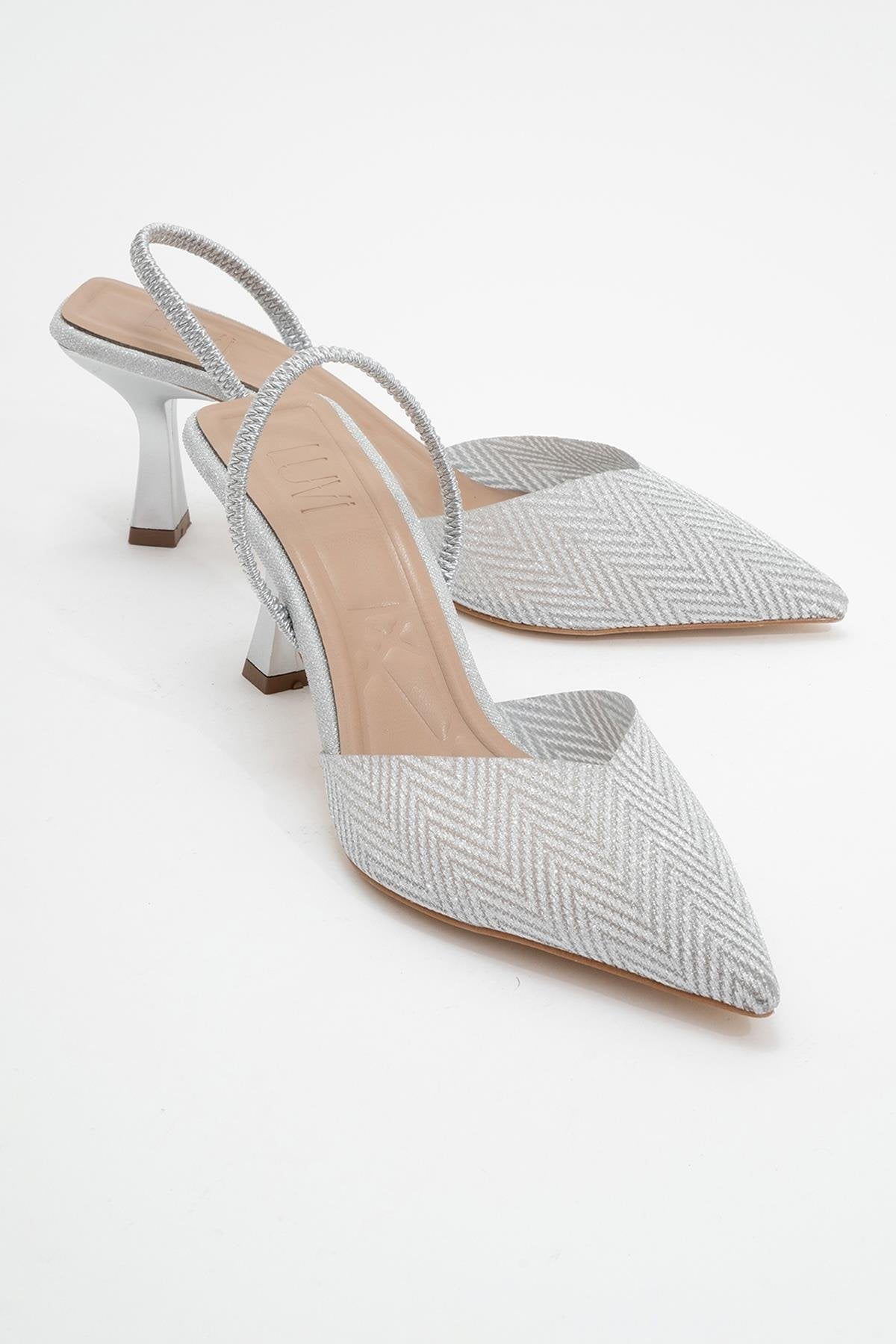 Renos - Silver Glitter Pointed Toe Dress Pump – front three-quarter view showing leather, glitter, silver, SimmiUnique