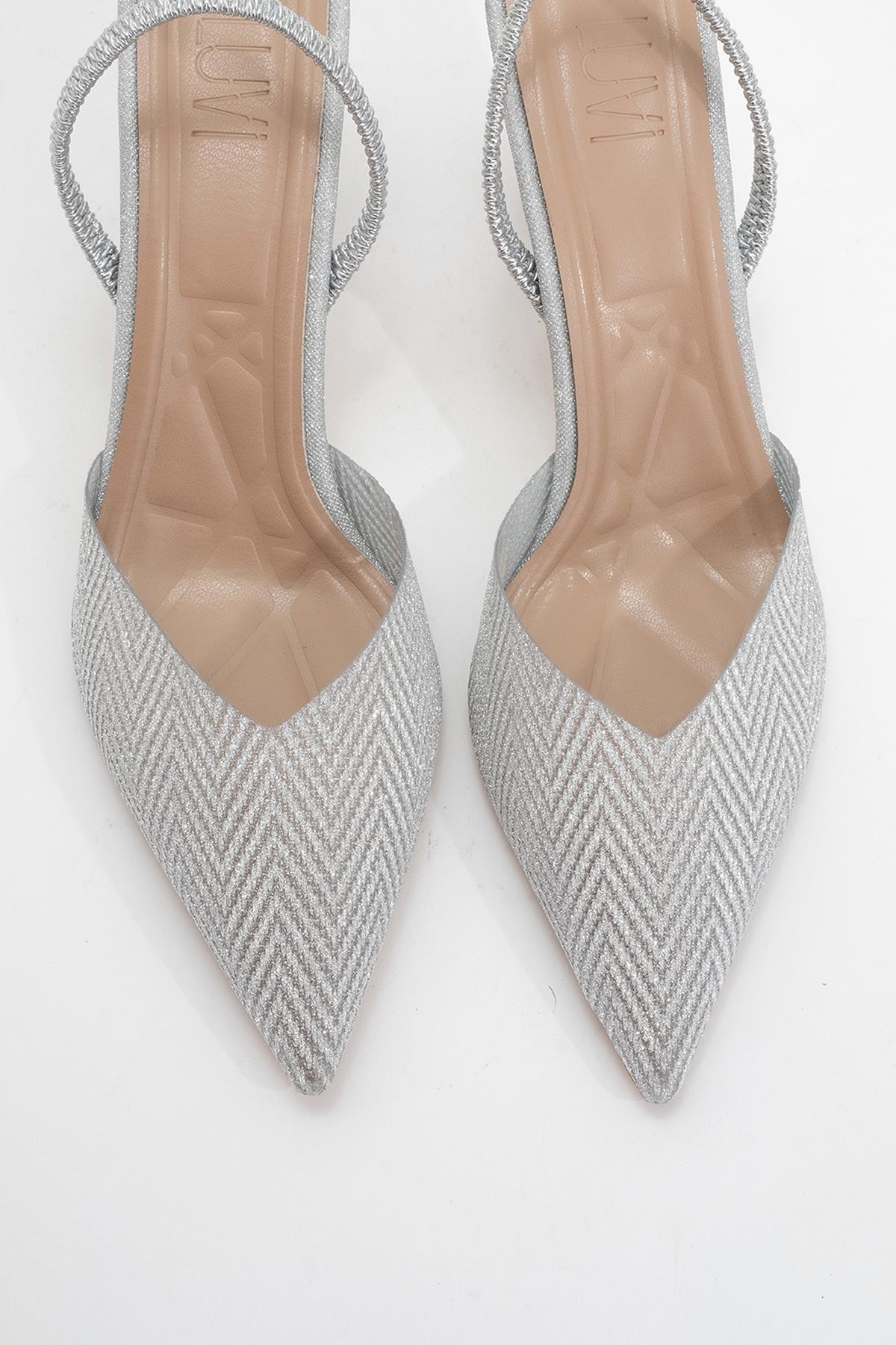 Renos - Silver Glitter Pointed Toe Dress Pump – side view showing leather, glitter, silver, SimmiUnique