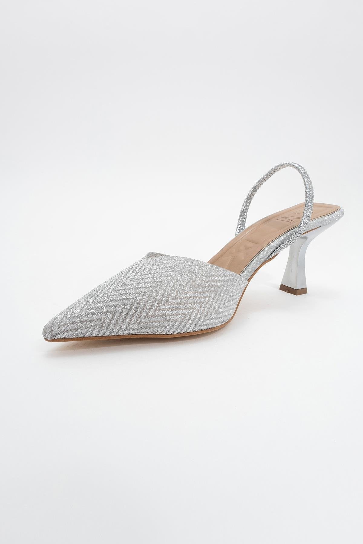 Renos - Silver Glitter Pointed Toe Dress Pump – heel view showing leather, glitter, silver, SimmiUnique