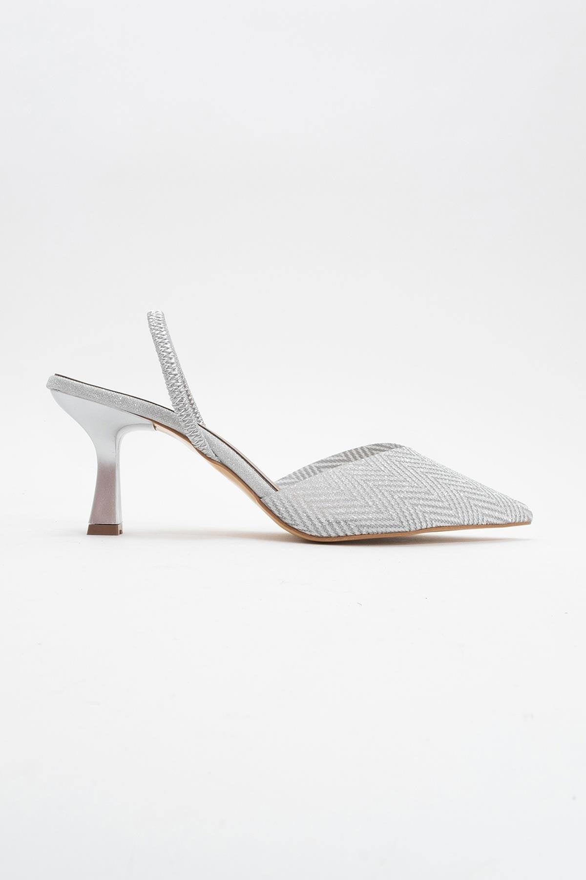 Renos - Silver Glitter Pointed Toe Dress Pump – back view showing leather, glitter, silver, SimmiUnique