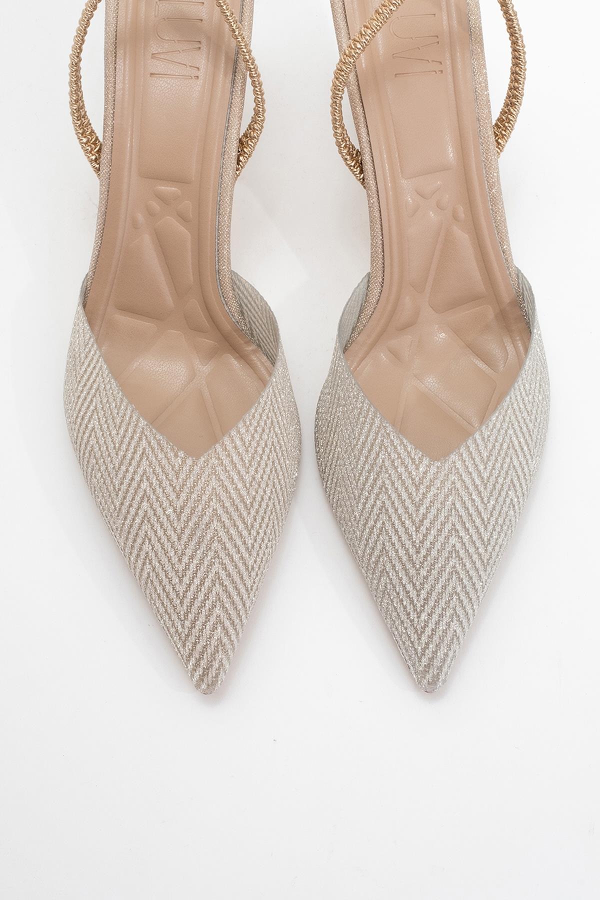 Renos - Gold Glitter Pointed Toe Dress Pump – side view showing leather, glitter, gold, SimmiUnique