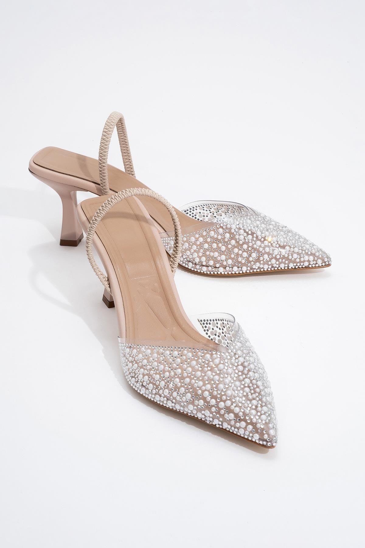 Whena - Clear Slingback Kitten Heels with Embellishments – front three-quarter view showing pearl, leather, nude, SimmiUnique