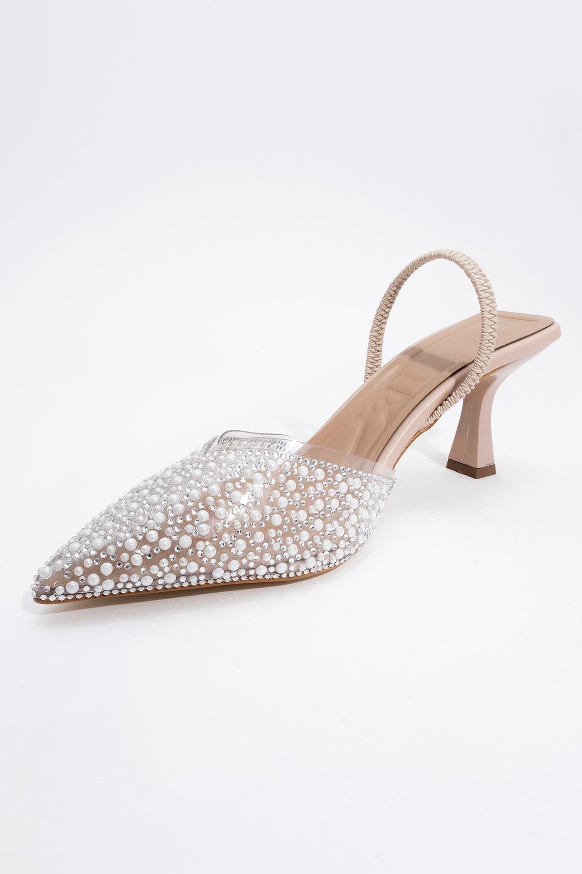 Whena - Clear Slingback Kitten Heels with Embellishments – detail view showing pearl, leather, nude, SimmiUnique