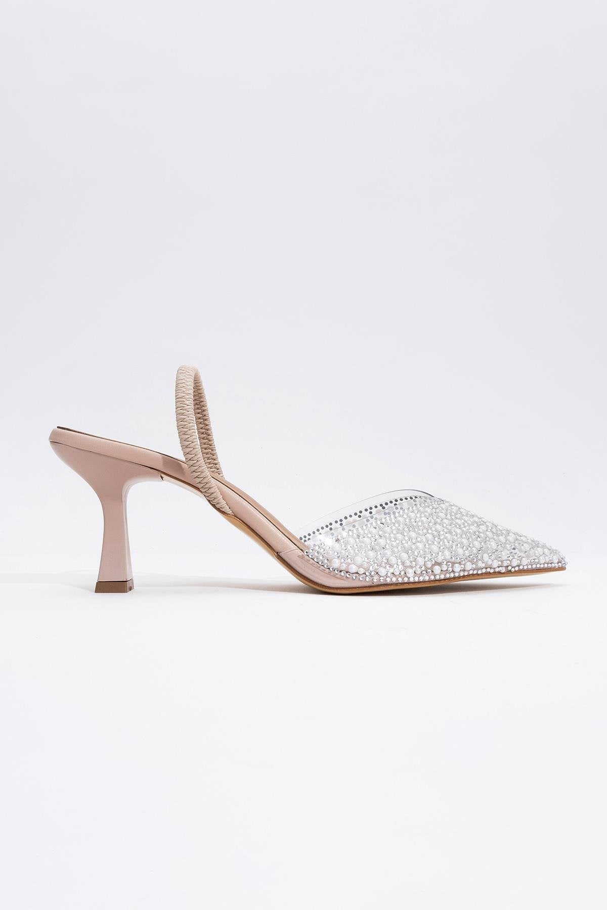 Whena - Clear Slingback Kitten Heels with Embellishments – back view showing pearl, leather, nude, SimmiUnique
