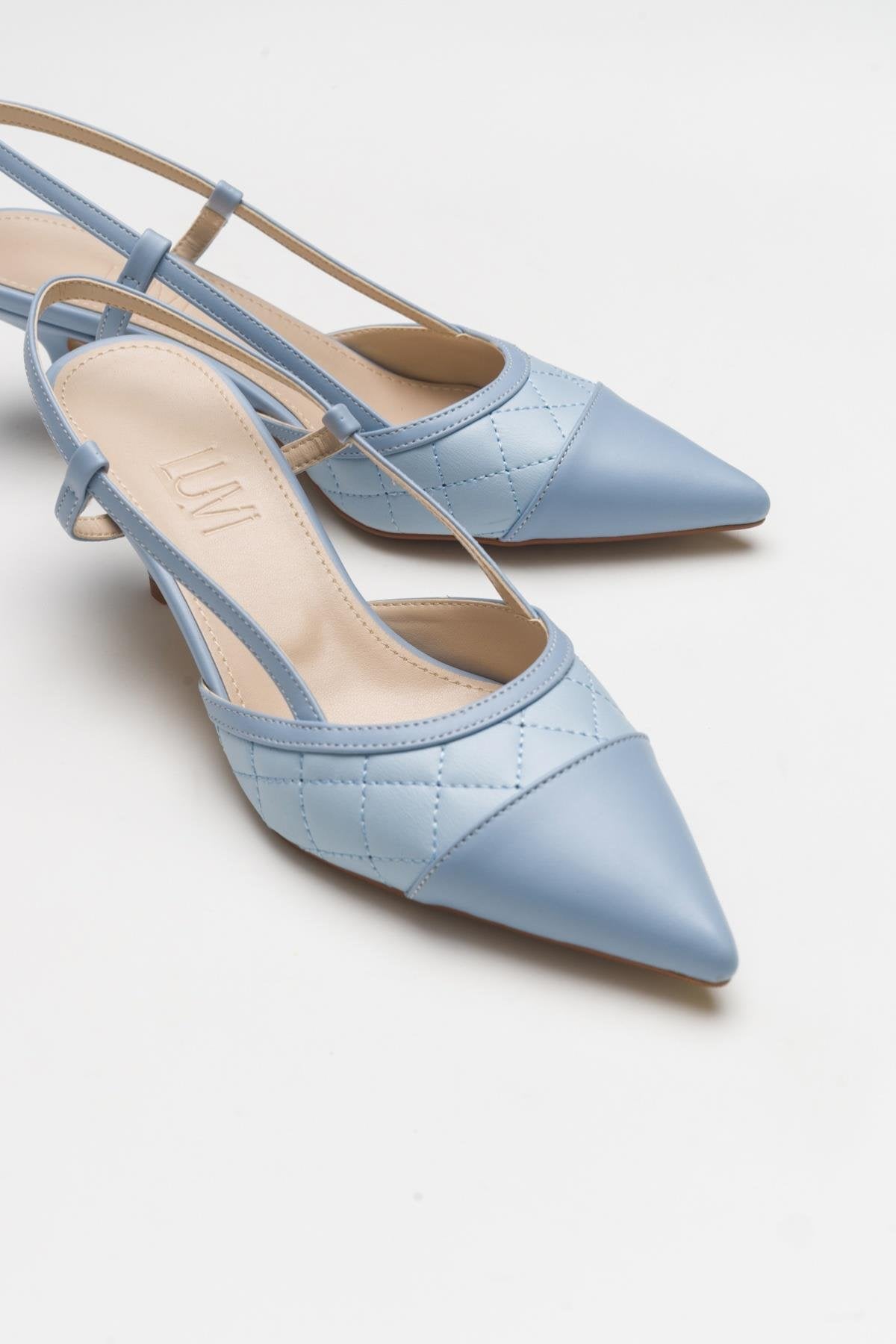 Point - Baby Blue Heeled Shoe – side view showing leather, blue, SimmiUnique