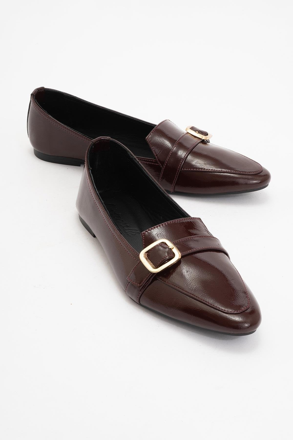 Zarina - Burgundy Brown Patent Pointed Toe Flats – front three-quarter view showing leather, gold, red, SimmiUnique