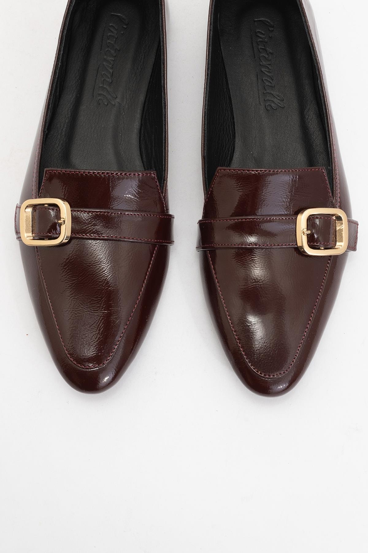 Zarina - Burgundy Brown Patent Pointed Toe Flats – side view showing leather, gold, red, SimmiUnique