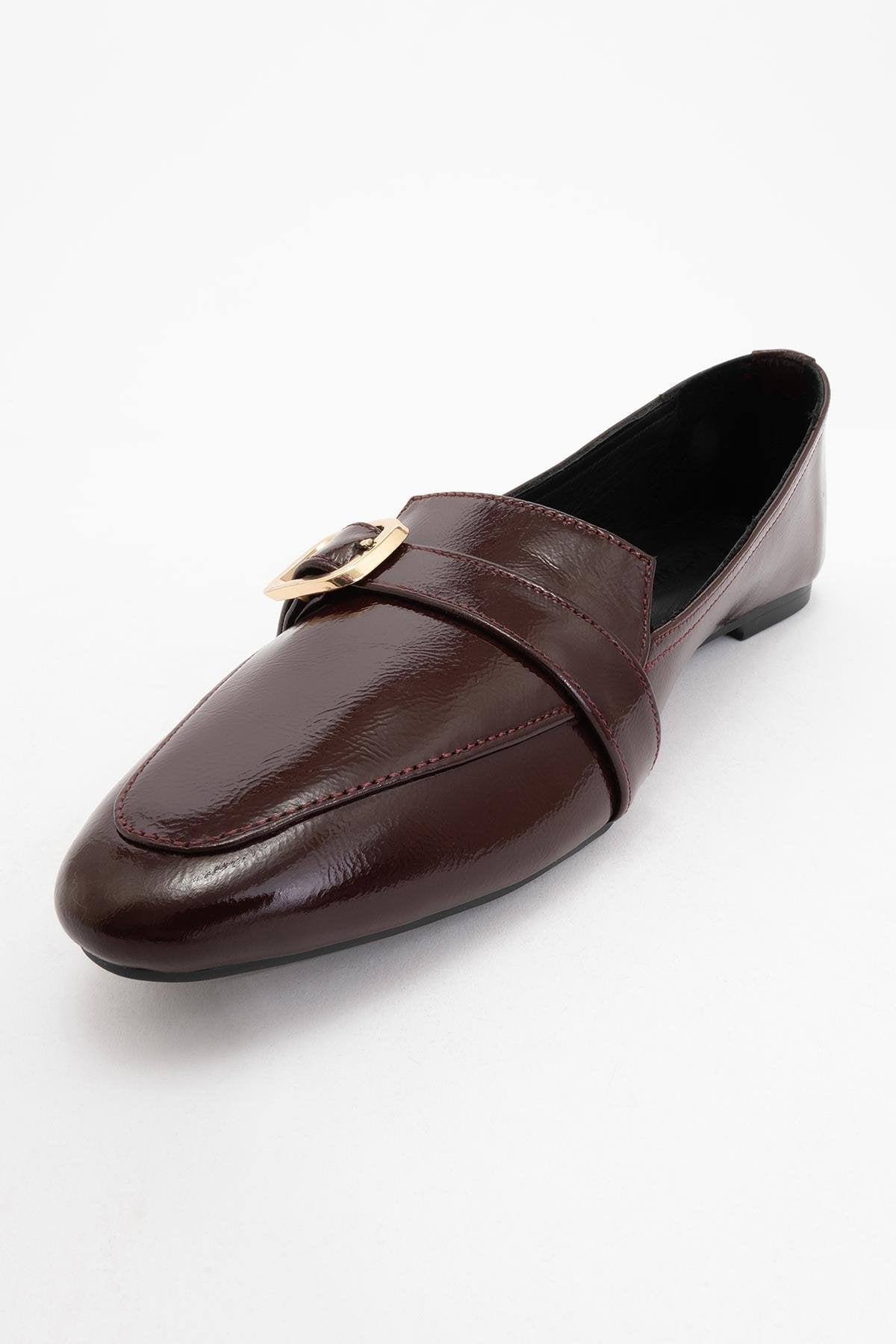 Zarina - Burgundy Brown Patent Pointed Toe Flats – detail view showing leather, gold, red, SimmiUnique