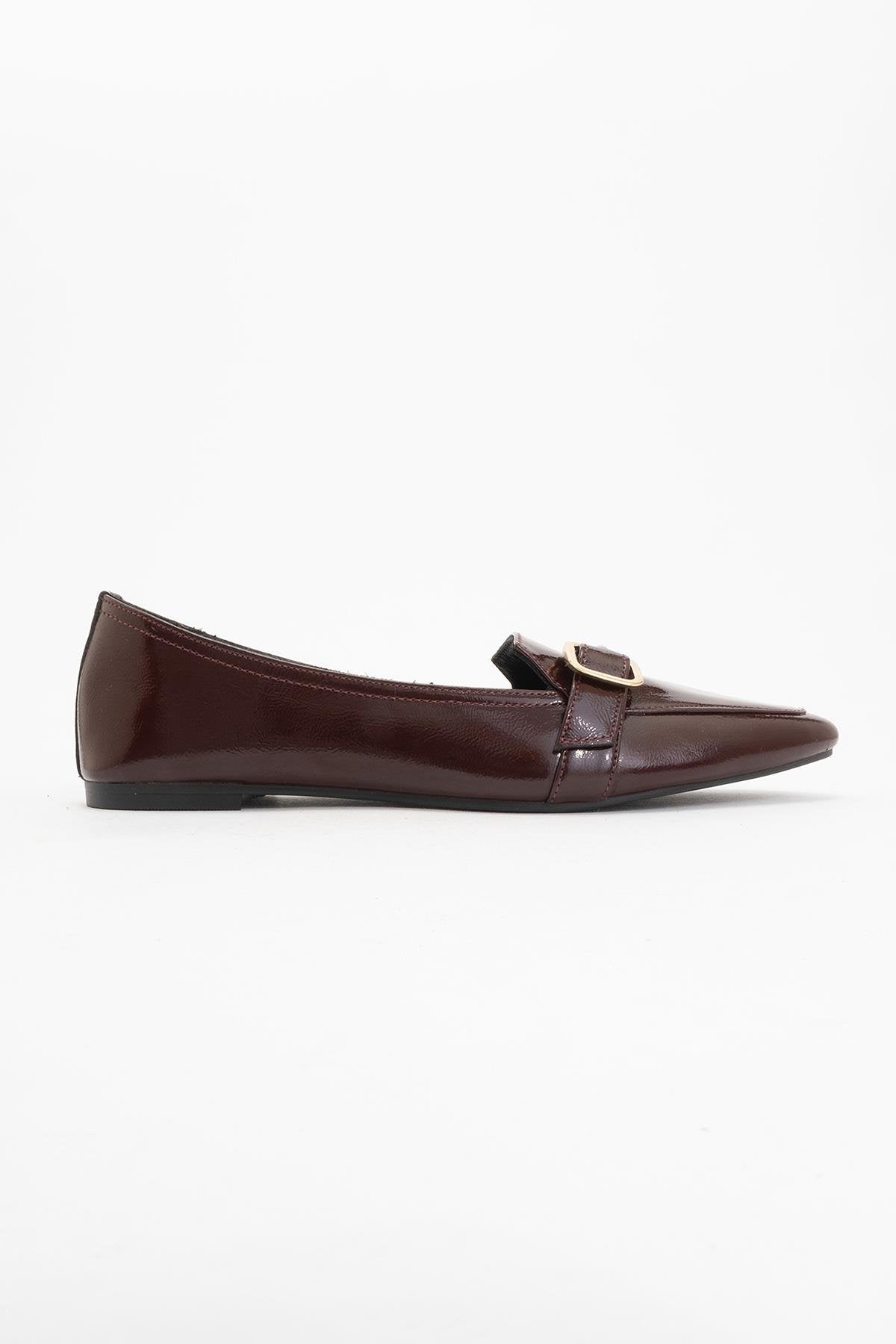Zarina - Burgundy Brown Patent Pointed Toe Flats – back view showing leather, gold, red, SimmiUnique