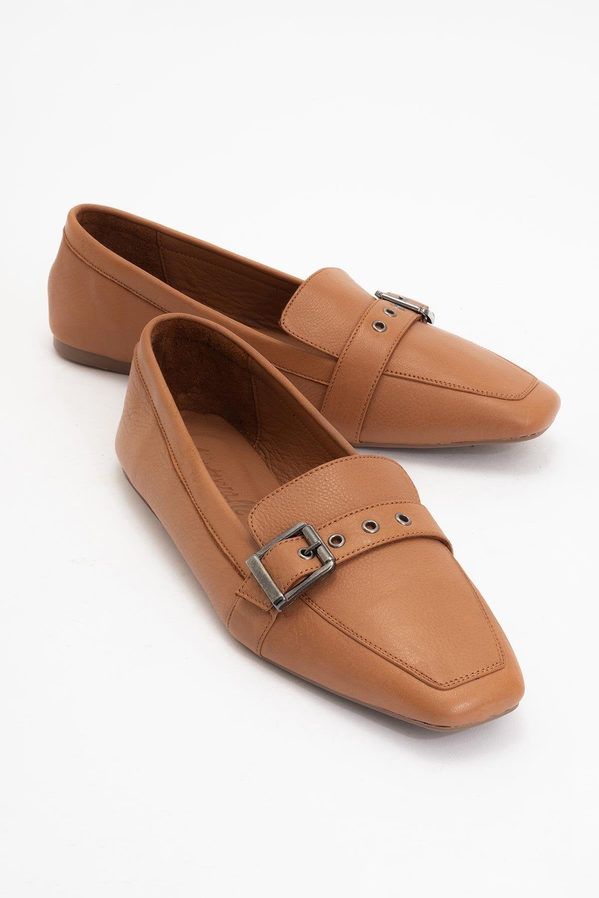 Periwinkle - Cognac Brown Leather Loafers – front three-quarter view showing leather, red, SimmiUnique