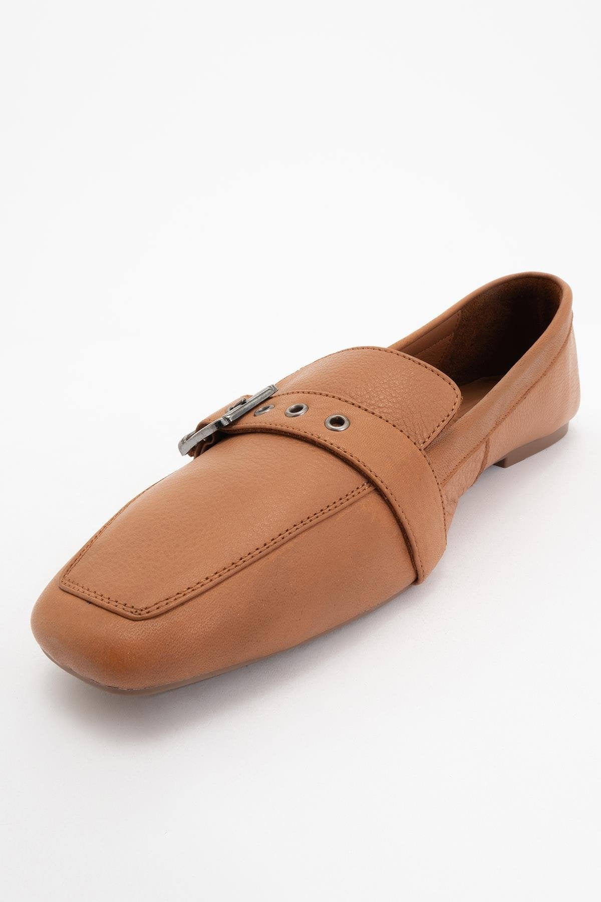 Periwinkle - Cognac Brown Leather Loafers – detail view showing leather, red, SimmiUnique