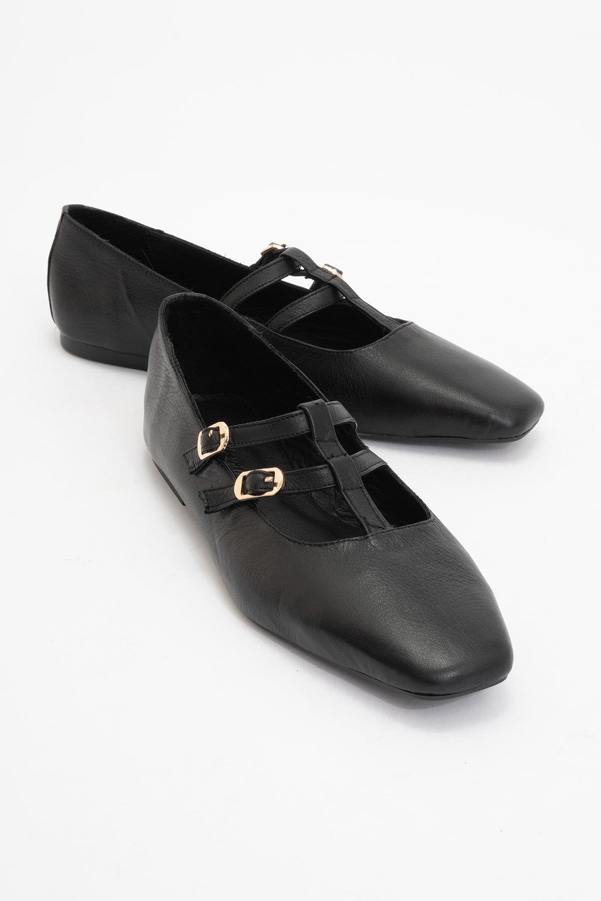 Starling - Black Leather Mary Jane Flats – front three-quarter view showing leather, black, red, SimmiUnique