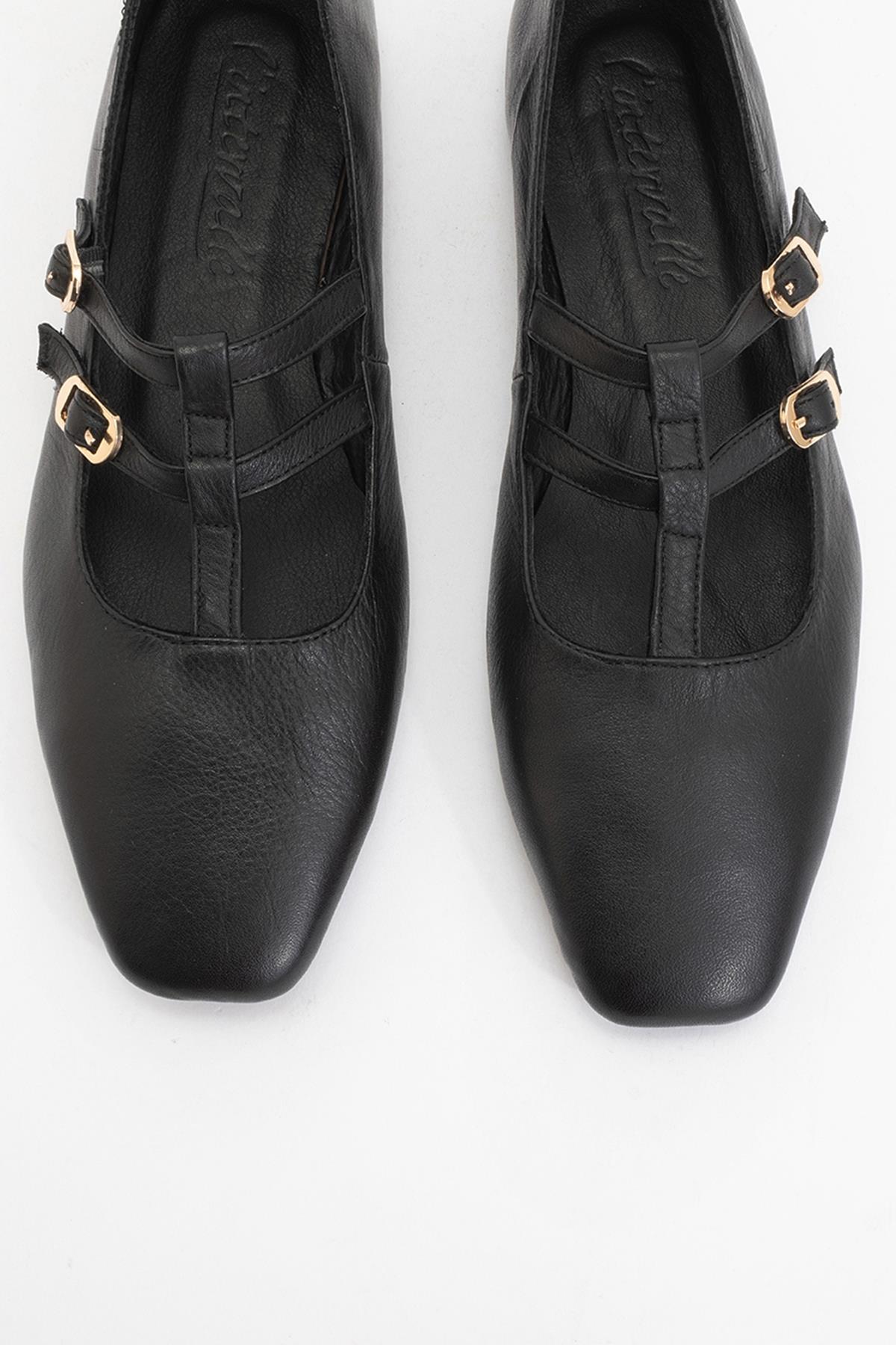 Starling - Black Leather Mary Jane Flats – side view showing leather, black, red, SimmiUnique