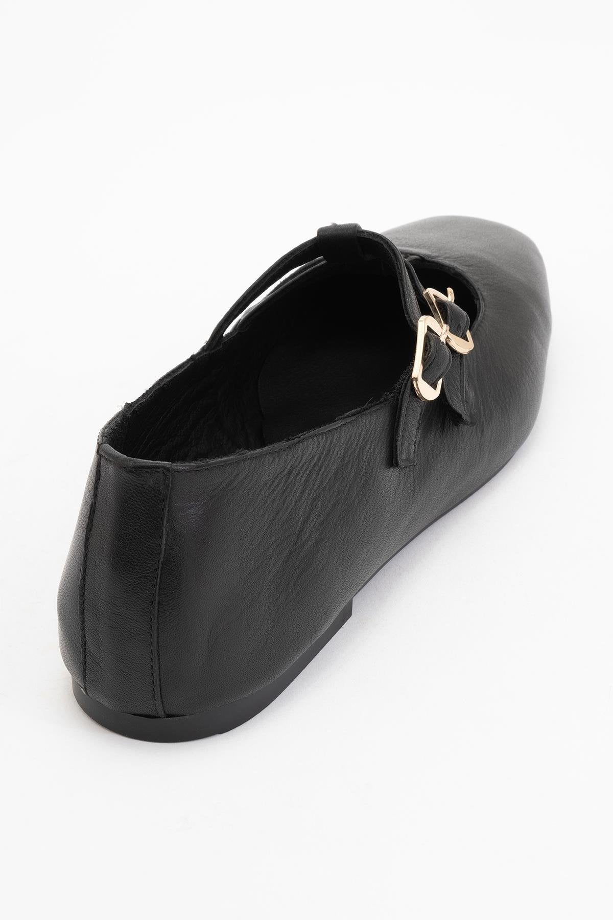 Starling - Black Leather Mary Jane Flats – heel view showing leather, black, red, SimmiUnique