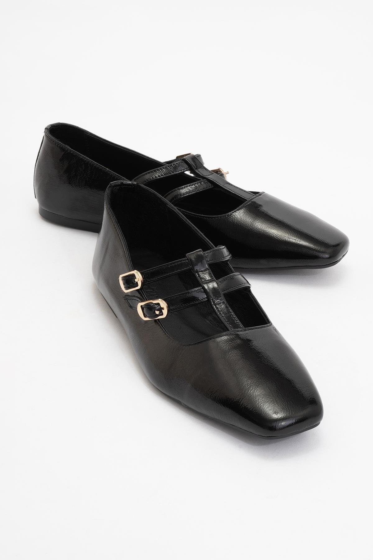 Starling - Black Patent Leather Mary Jane Flats – front three-quarter view showing leather, black, red, SimmiUnique