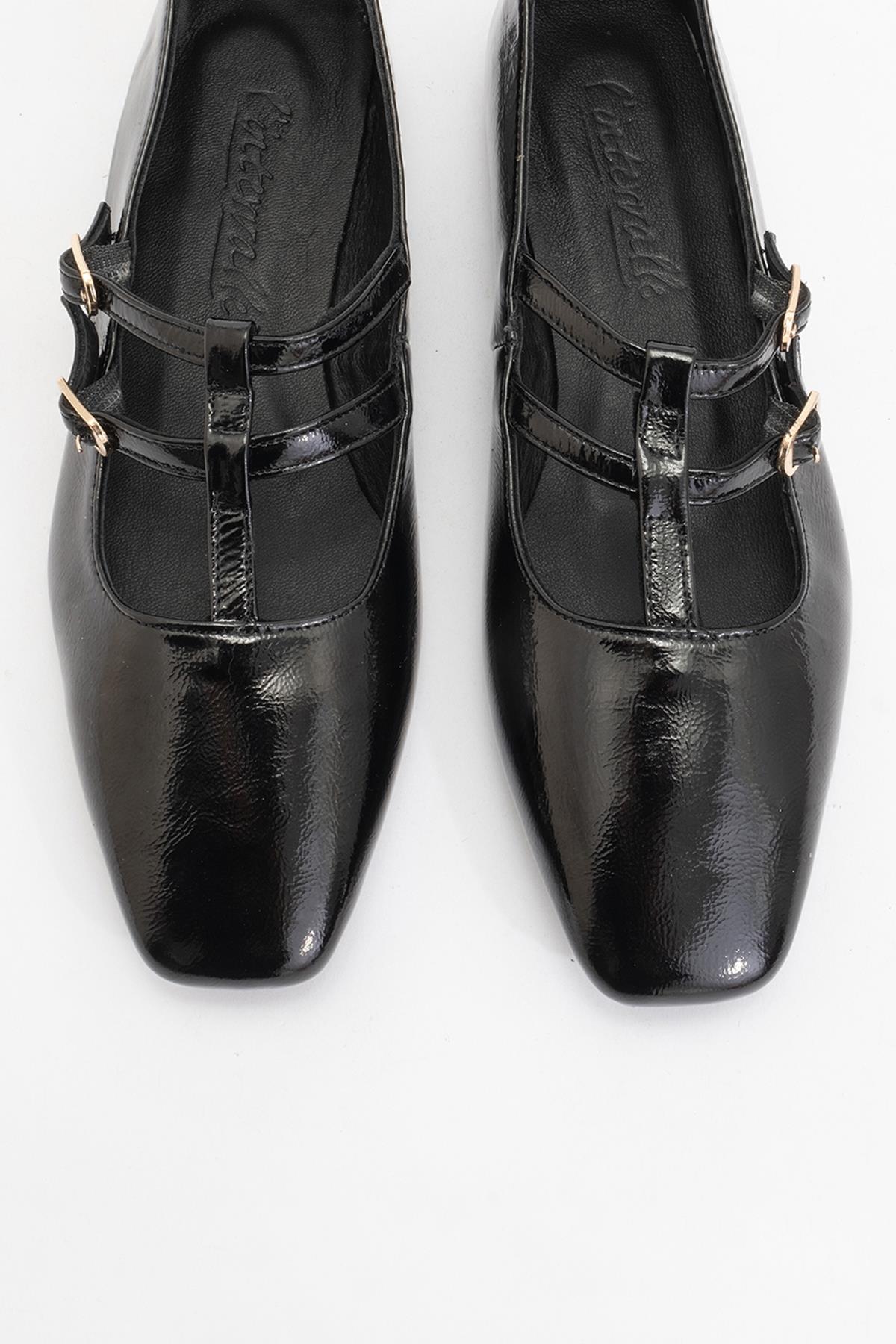 Starling - Black Patent Leather Mary Jane Flats – side view showing leather, black, red, SimmiUnique