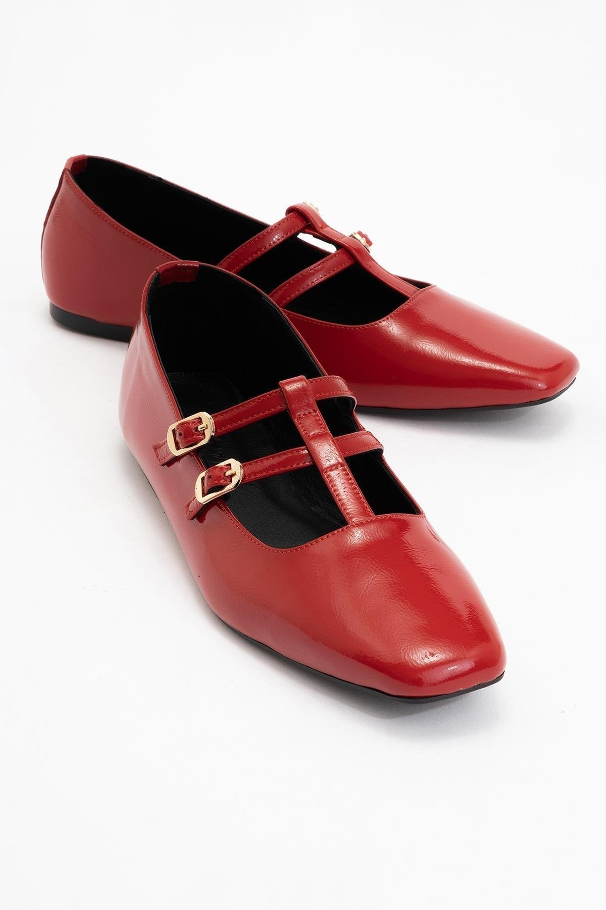 Starling - Red Leather Mary Jane Flats – front three-quarter view showing leather, red, SimmiUnique