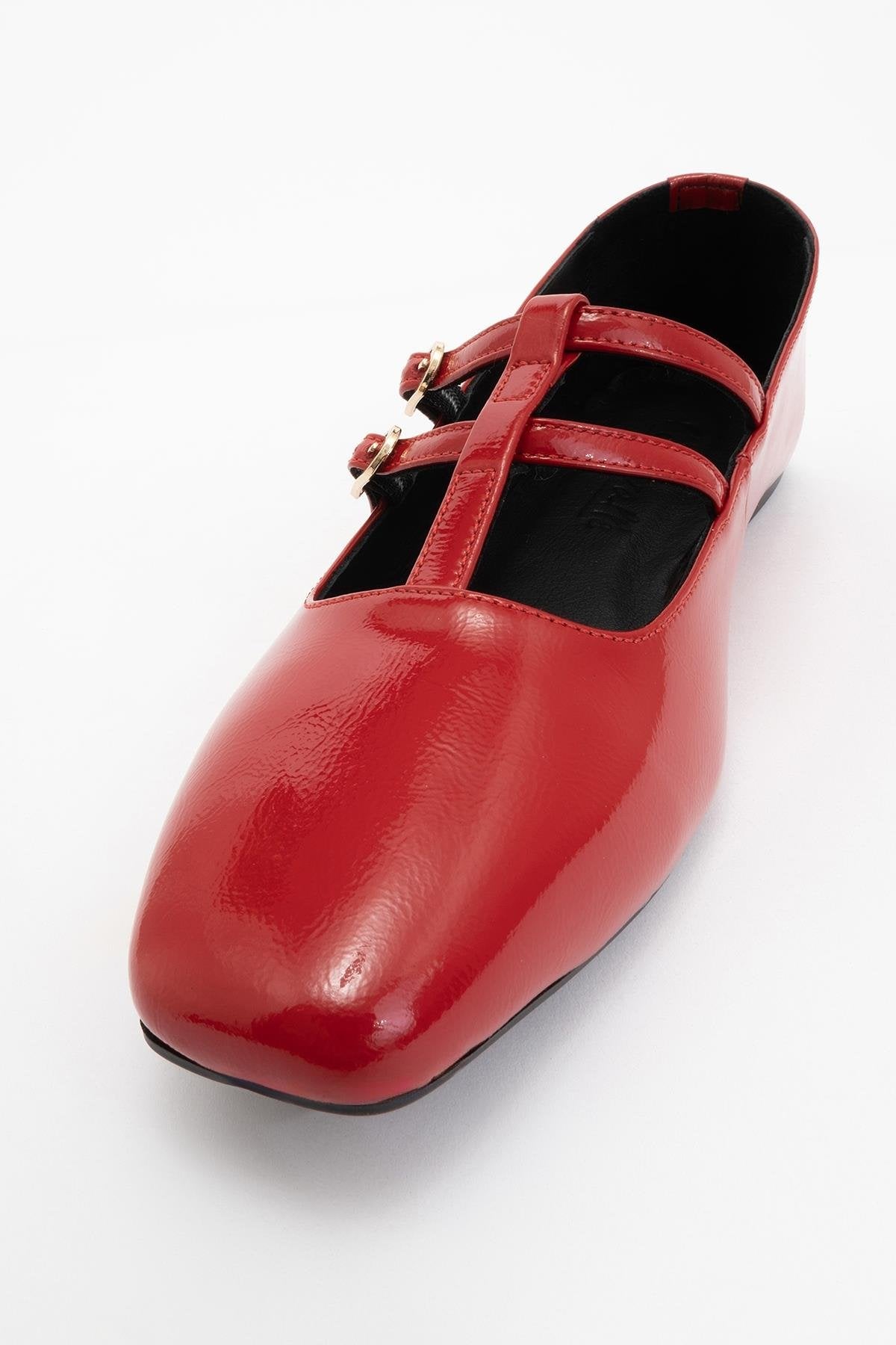 Starling - Red Leather Mary Jane Flats – detail view showing leather, red, SimmiUnique
