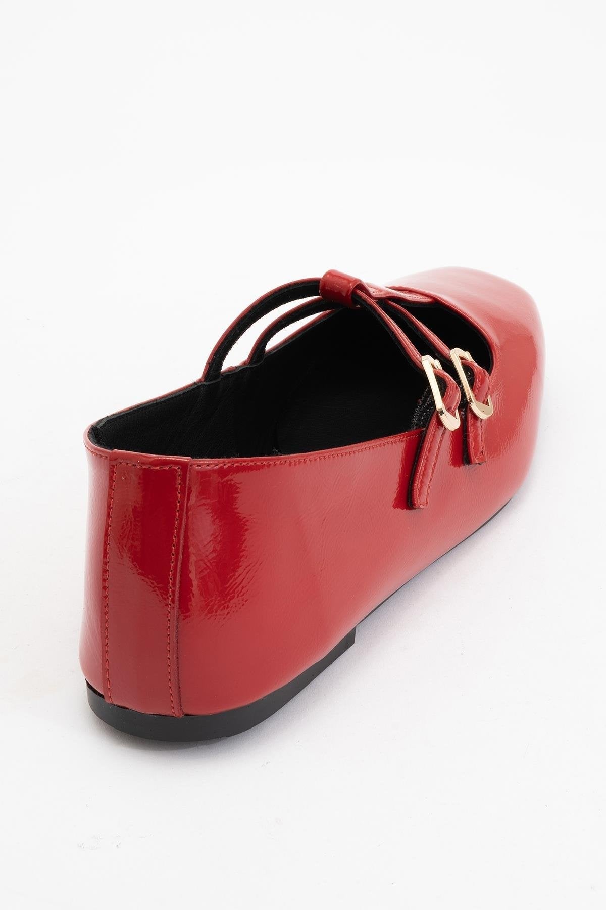 Starling - Red Leather Mary Jane Flats – heel view showing leather, red, SimmiUnique