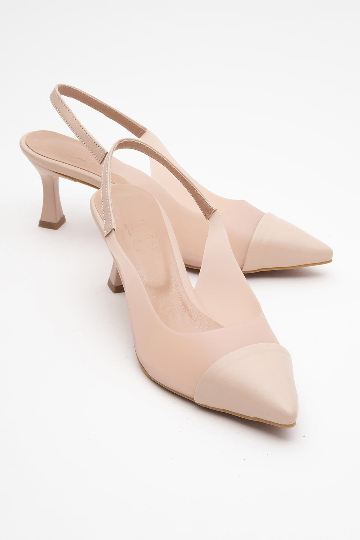 Moore - Beige Transparent Back Pointed Toe High Heel – front three-quarter view showing leather, SimmiUnique