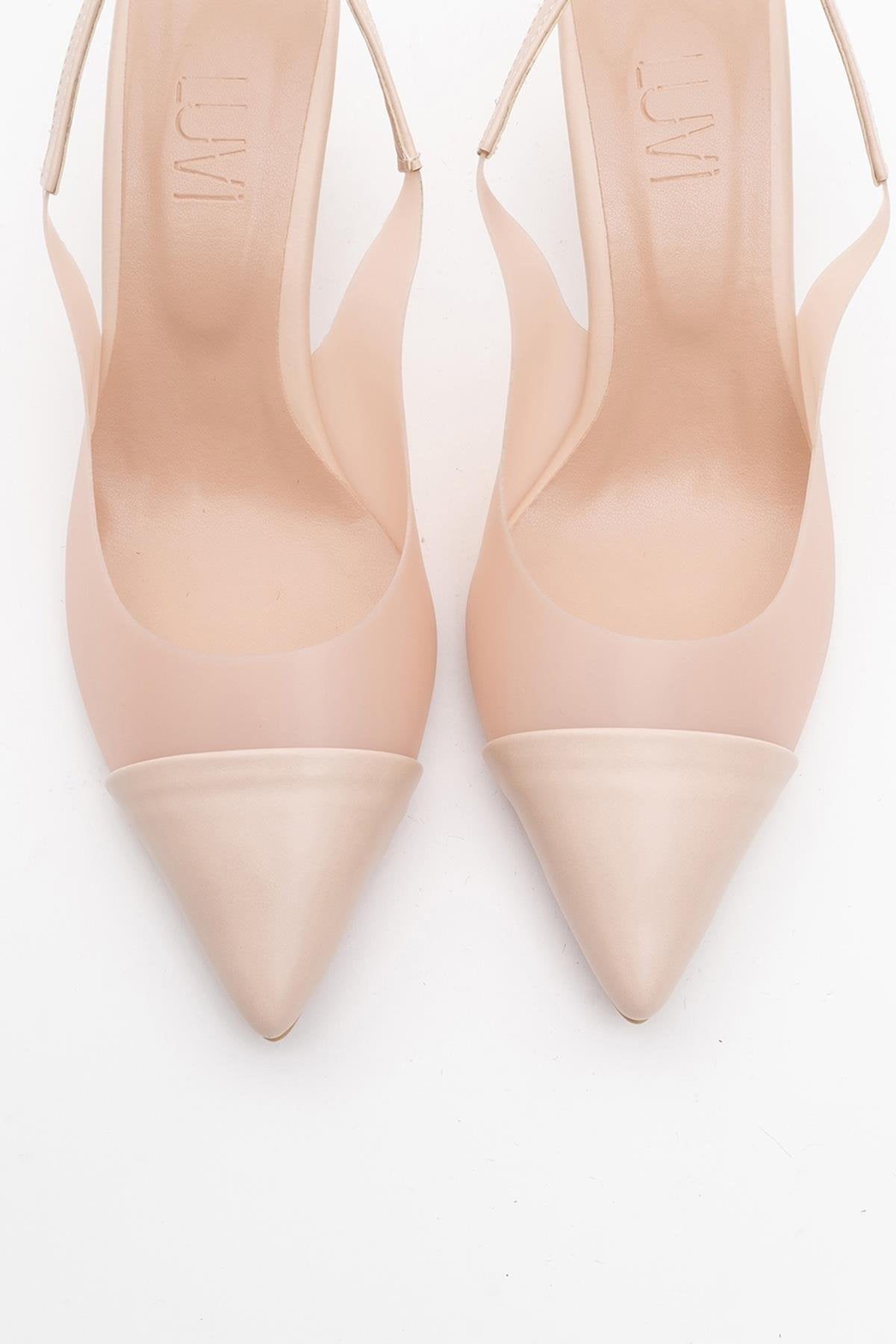 Moore - Beige Transparent Back Pointed Toe High Heel – side view showing leather, SimmiUnique