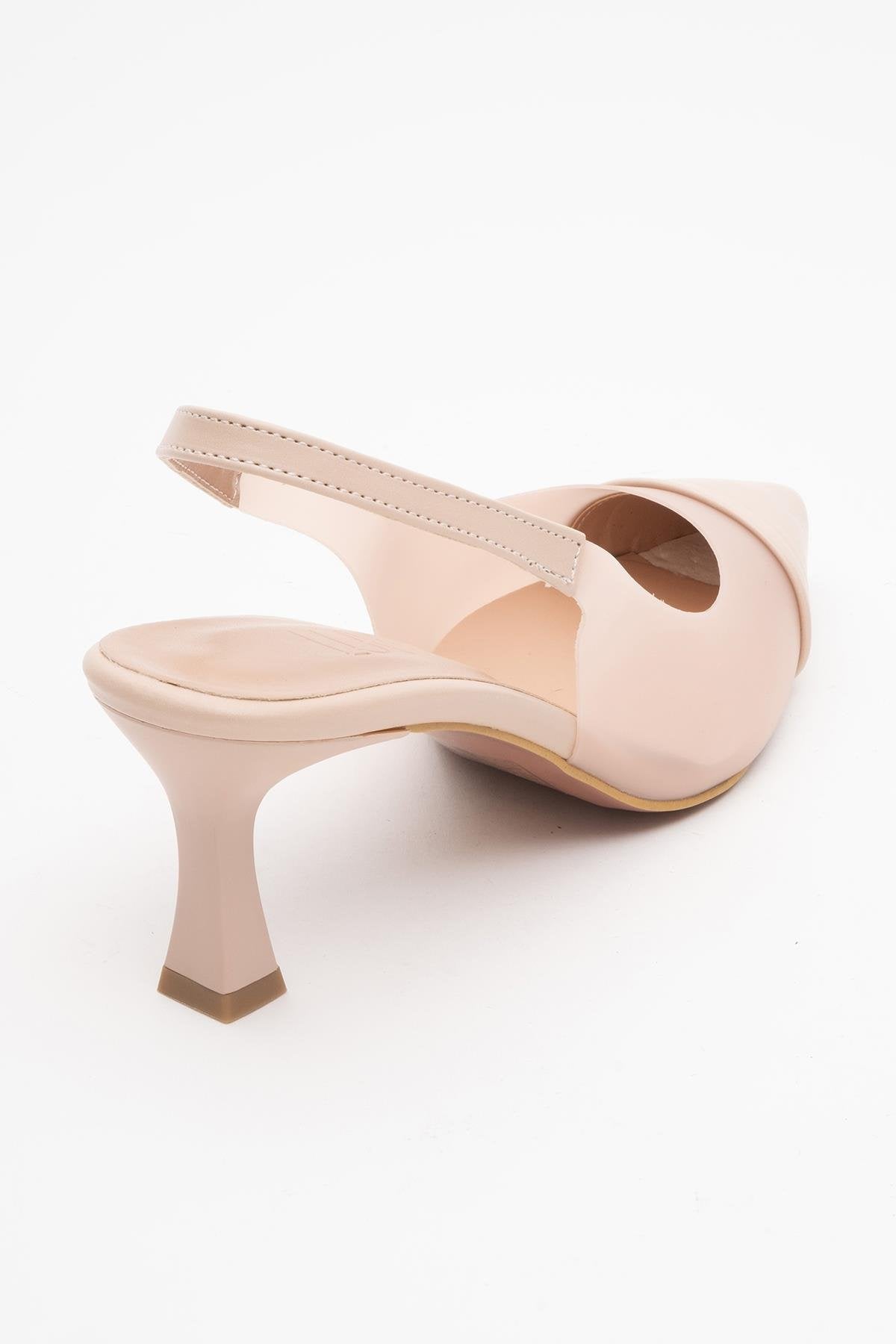 Moore - Beige Transparent Back Pointed Toe High Heel – heel view showing leather, SimmiUnique