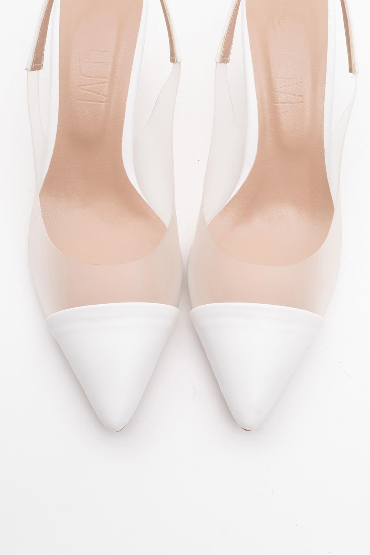 Moore - White Transparent Open Back Pointed Toe High Heel Shoe – side view showing leather, white, SimmiUnique