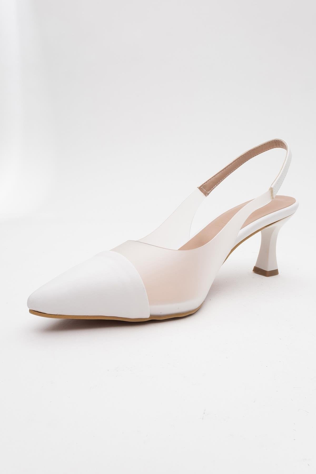 Moore - White Transparent Open Back Pointed Toe High Heel Shoe – detail view showing leather, white, SimmiUnique