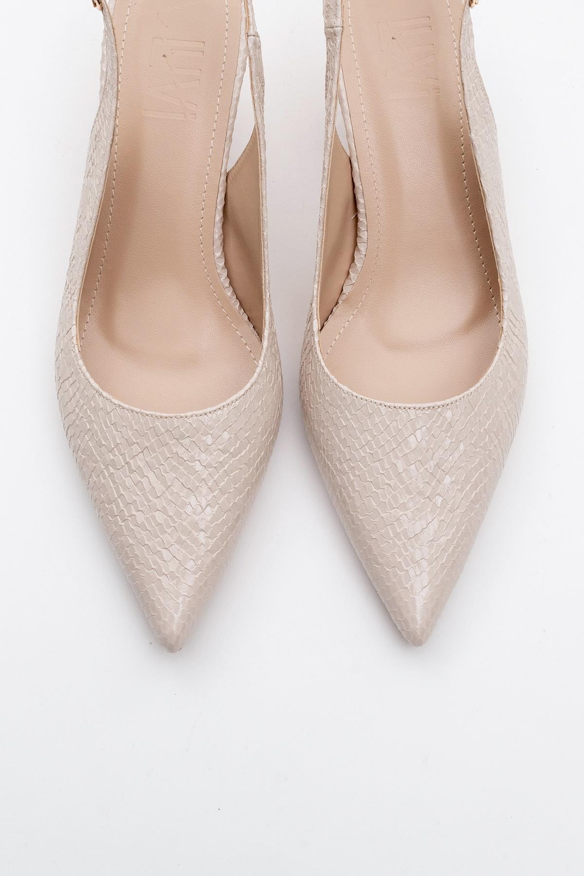 Value - Beige Patterned Heeled Shoe – side view showing leather, SimmiUnique
