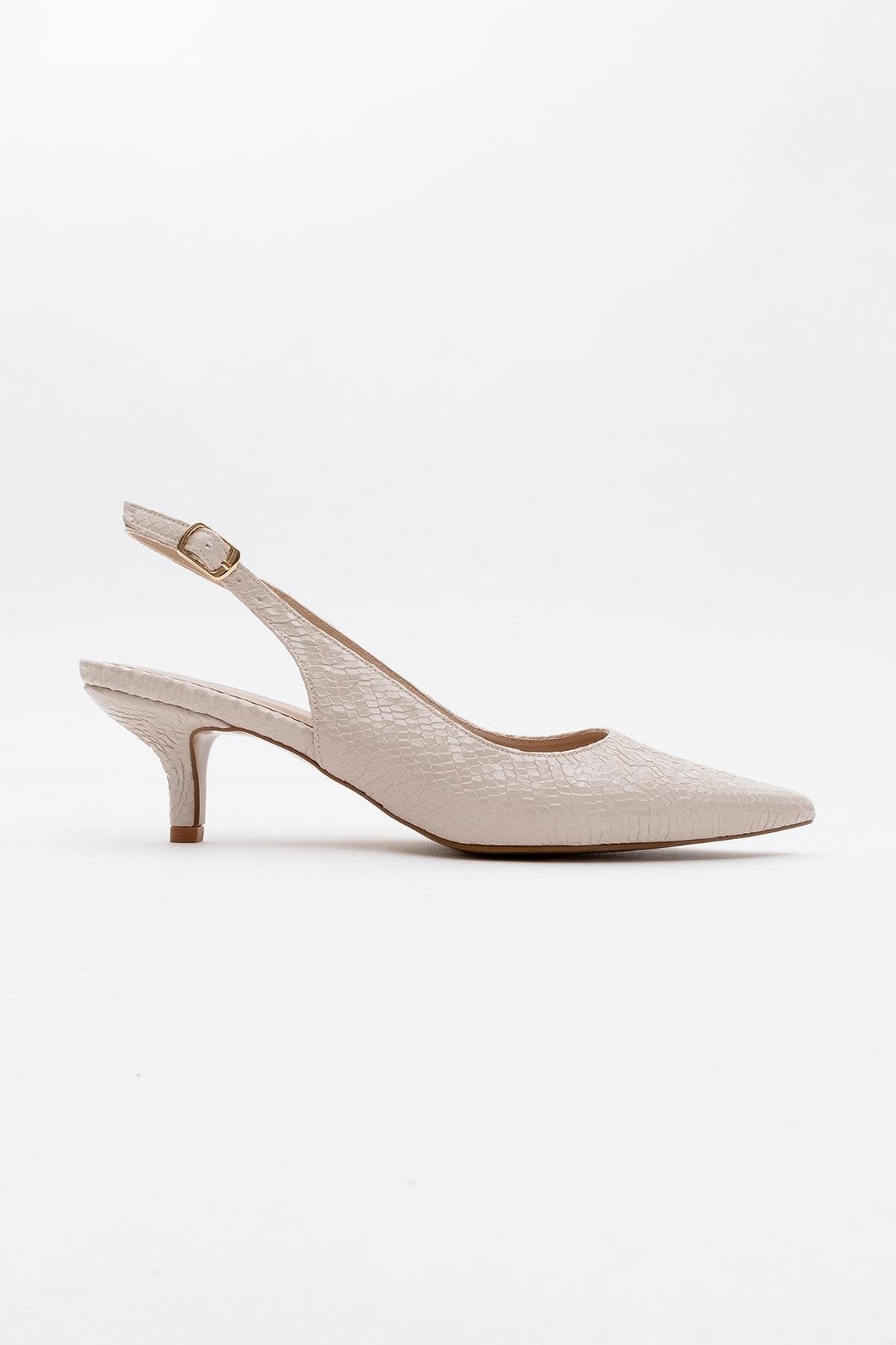 Value - Beige Patterned Heeled Shoe – back view showing leather, SimmiUnique