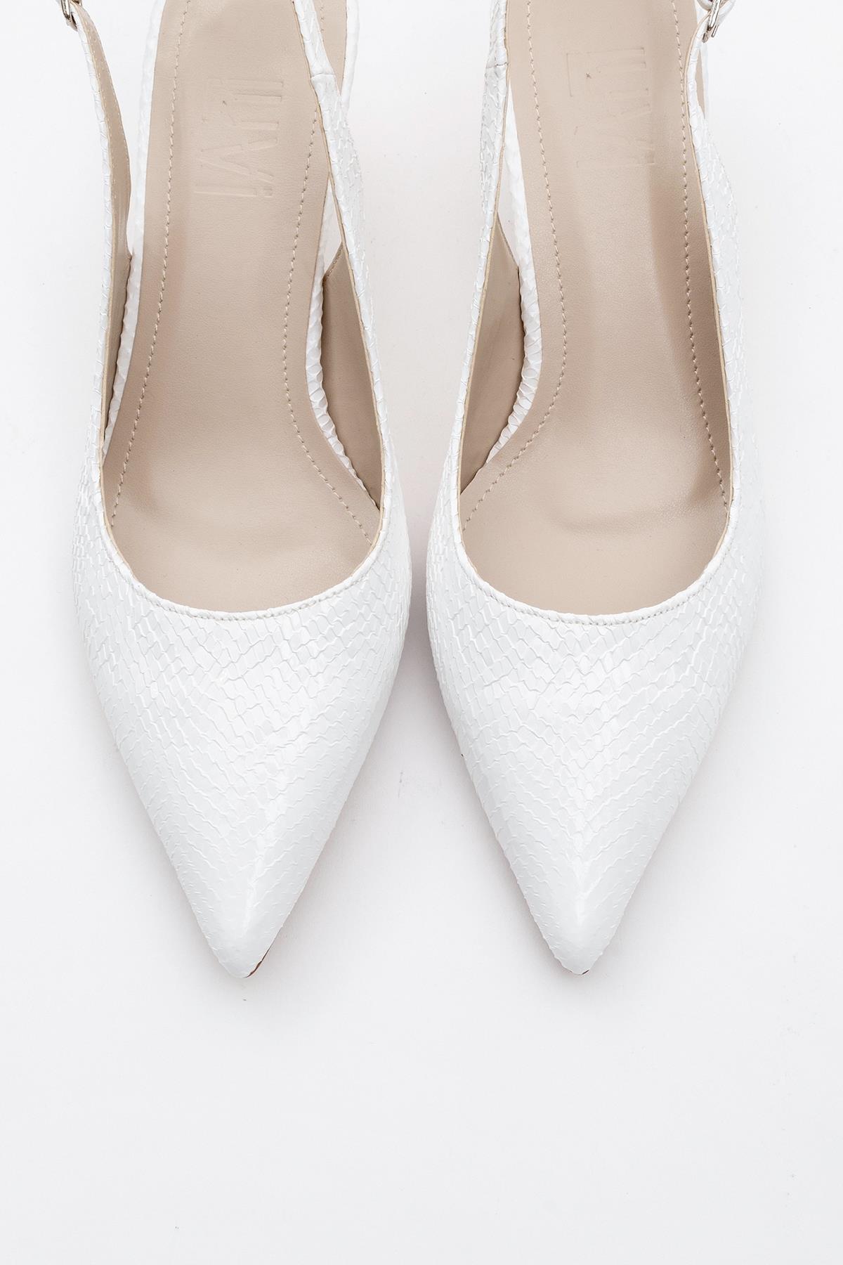 Value - White Patterned Heeled Shoe – side view showing leather, white, SimmiUnique