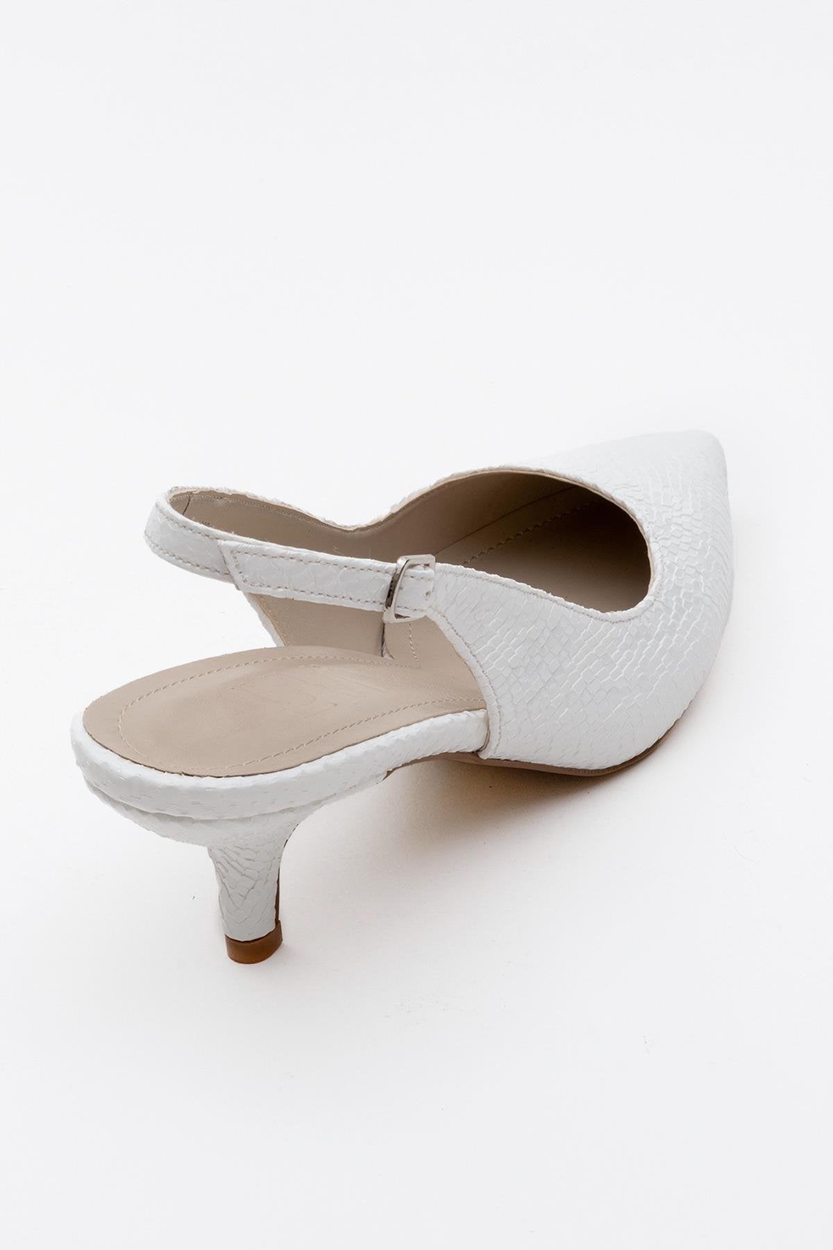 Value - White Patterned Heeled Shoe – heel view showing leather, white, SimmiUnique