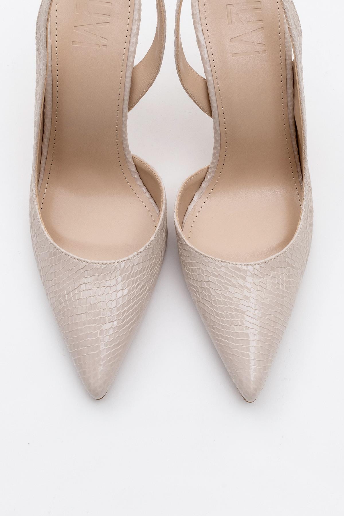 Twine - Beige Patterned Heeled Shoe – side view showing leather, SimmiUnique