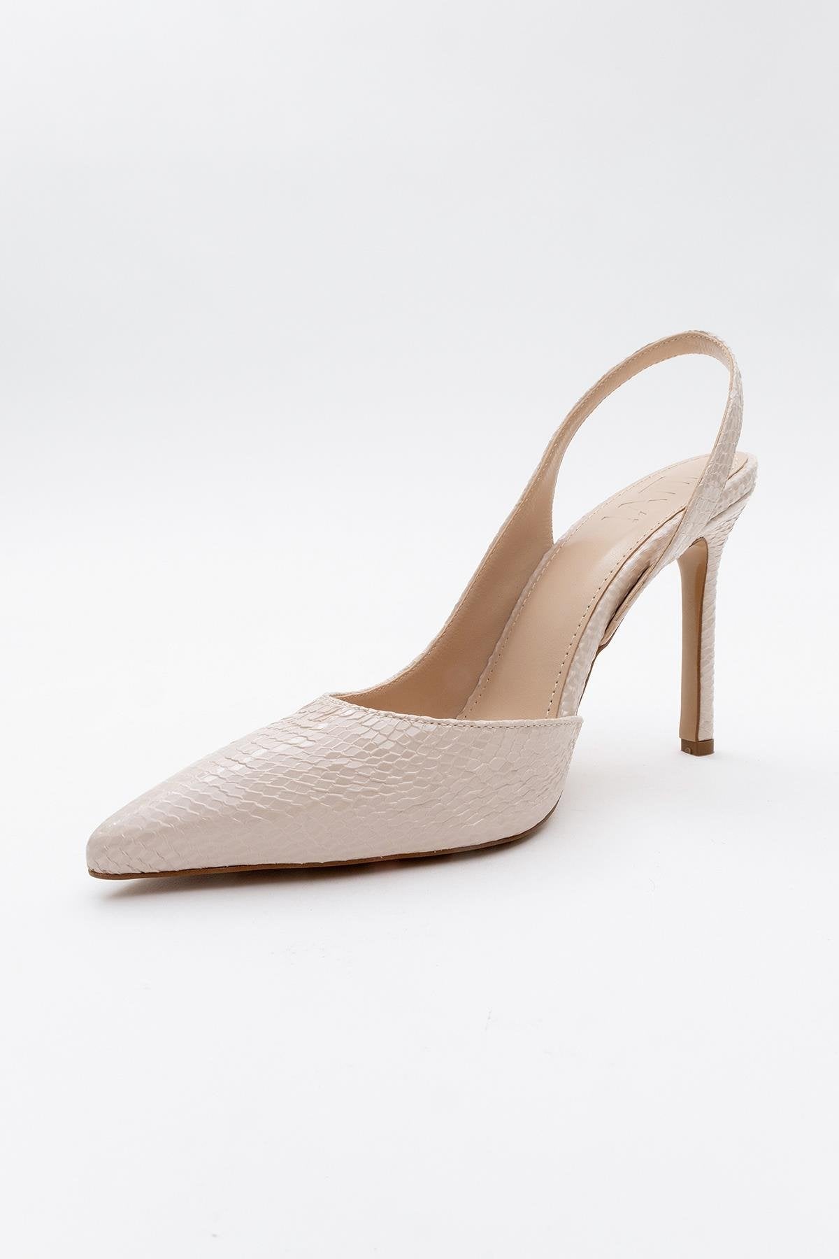 Twine - Beige Patterned Heeled Shoe – detail view showing leather, SimmiUnique