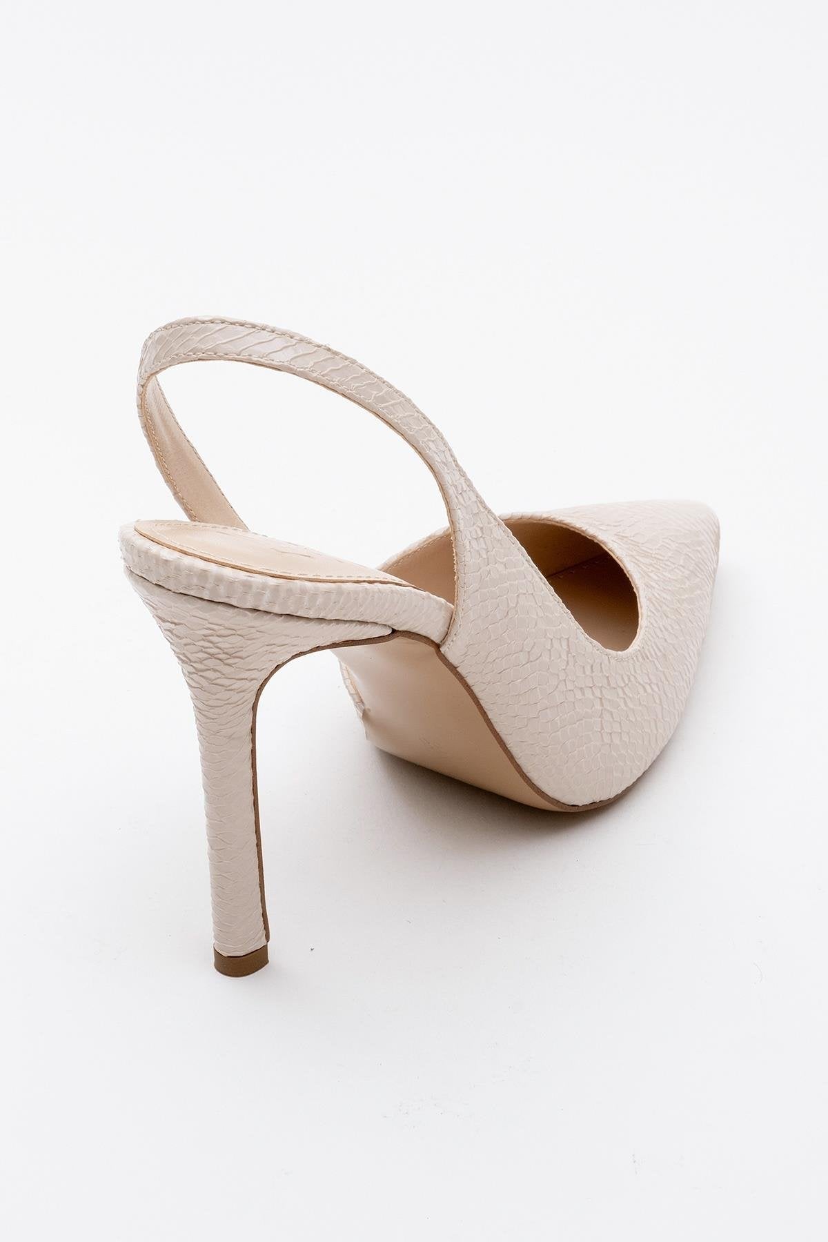 Twine - Beige Patterned Heeled Shoe – heel view showing leather, SimmiUnique