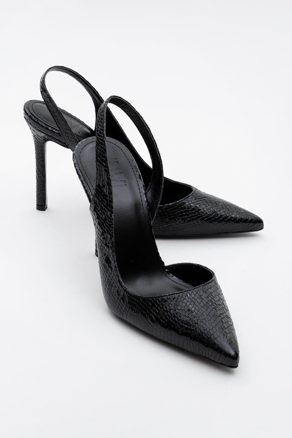 Twine - Black Patterned Heeled Shoe – front three-quarter view showing leather, black, SimmiUnique