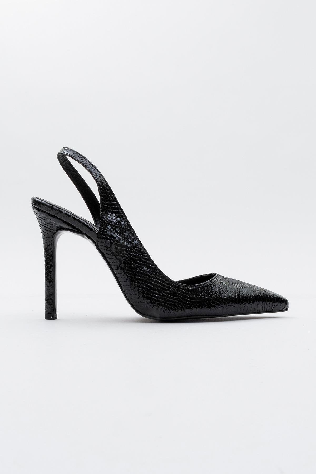 Twine - Black Patterned Heeled Shoe – back view showing leather, black, SimmiUnique